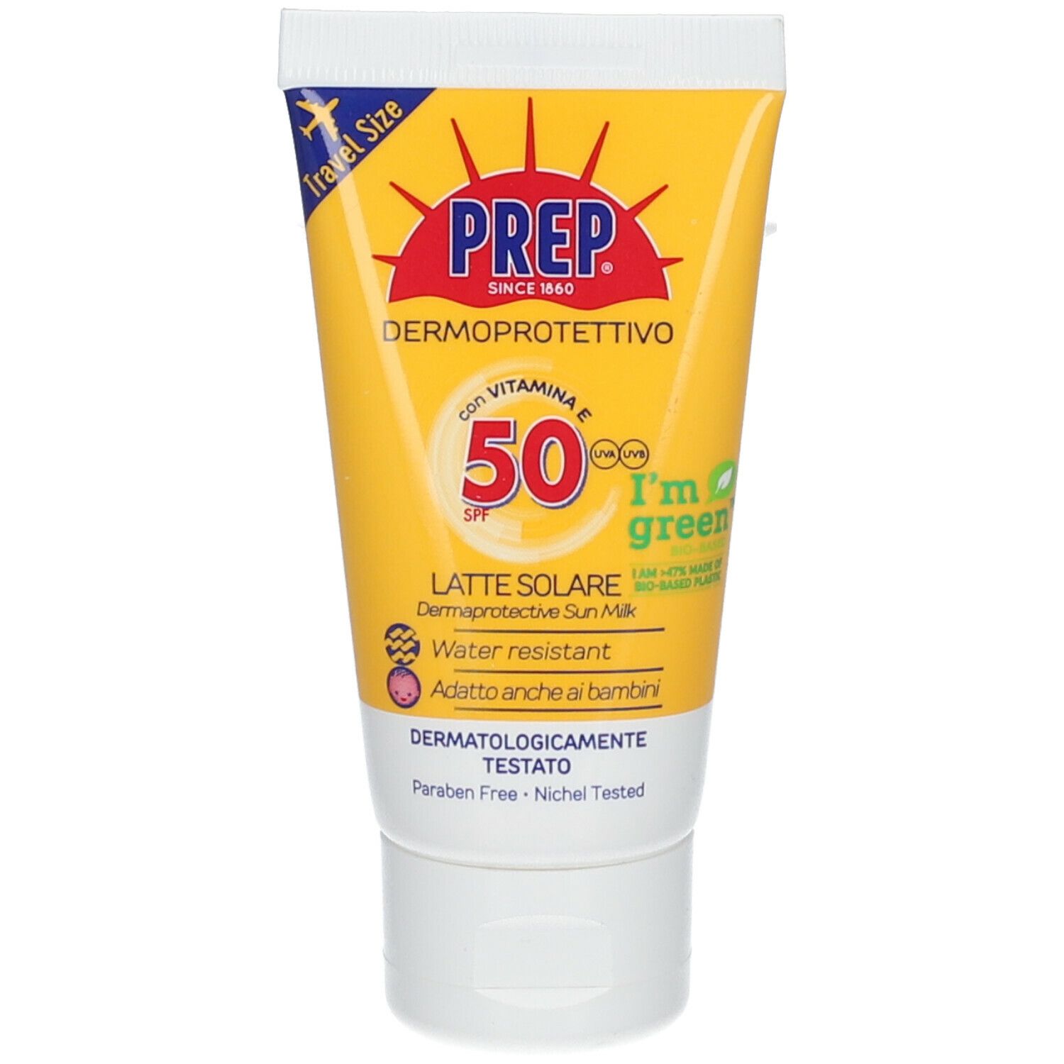 Tubo giallo PREP con 'Latte Solare SPF 50'. Scritte: 'Dermoprotettivo', 'Water resistant', 'Adatto anche ai bambini'.