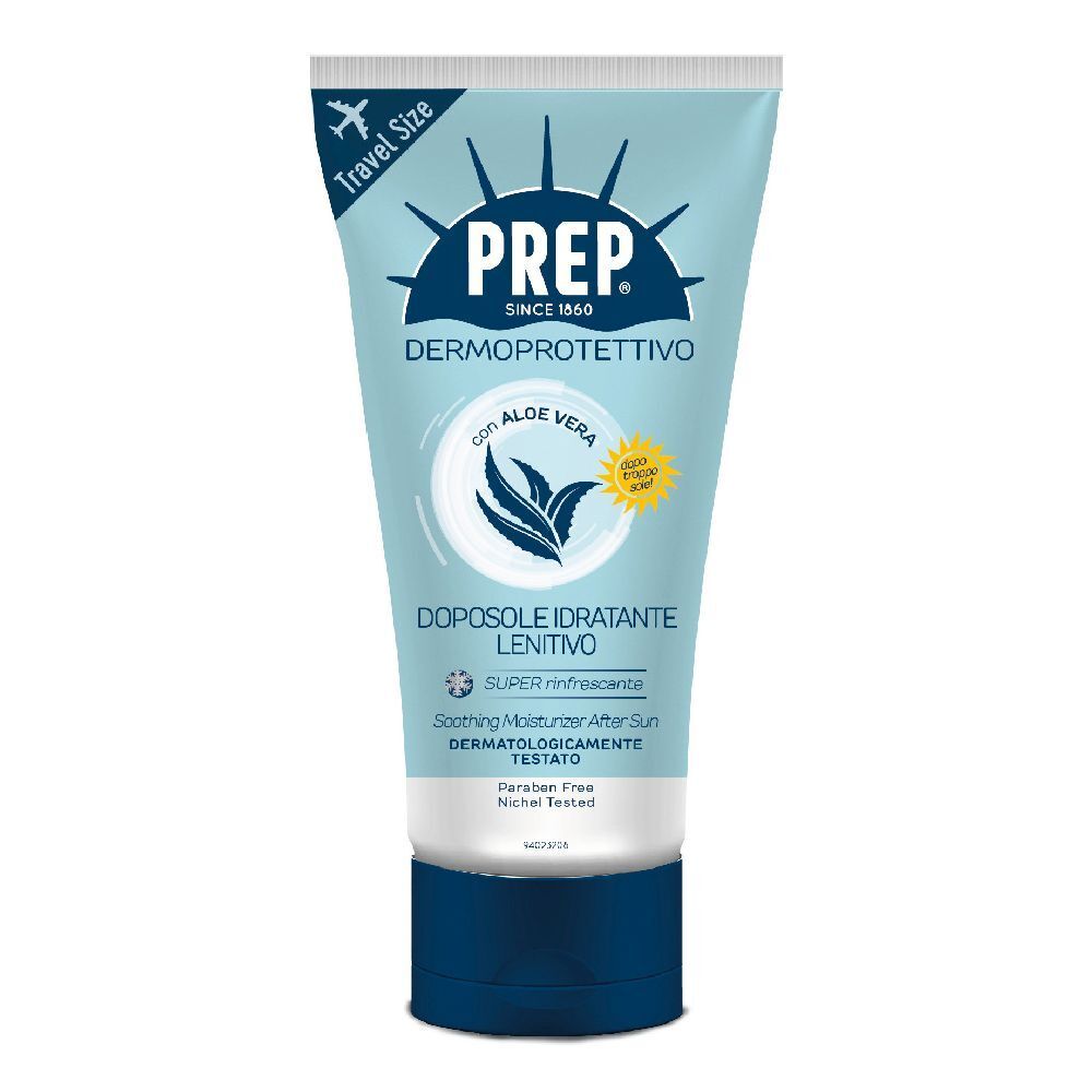 Tubo azzurro chiaro con tappo bianco. Testo: PREP, Dermoprotettivo, con Aloe Vera. Logo "Travel Size".