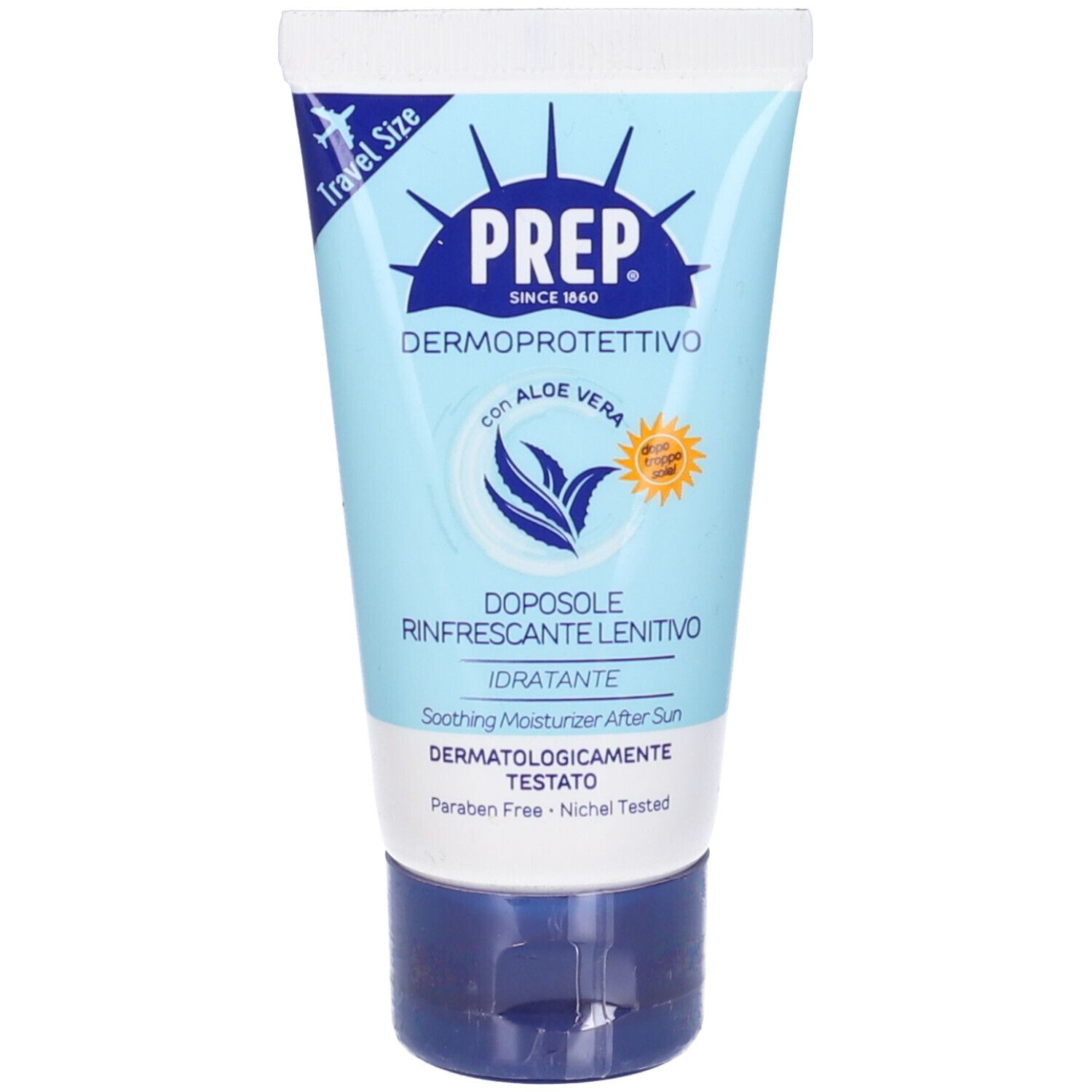 Tubo azzurro chiaro con tappo bianco. Testo: PREP, Dermoprotettivo, con Aloe Vera. Logo "Travel Size".