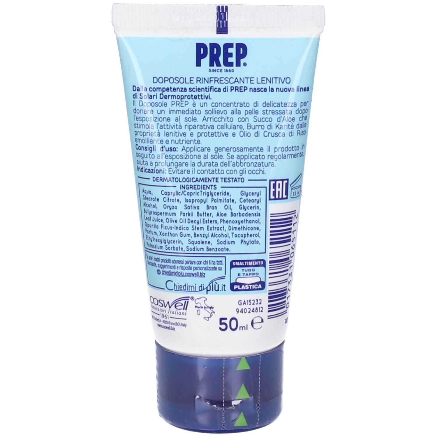 Retro di un tubo azzurro chiaro. Testo: PREP, Ingredienti, 50ml. Logo: Dermatologicamente testato.