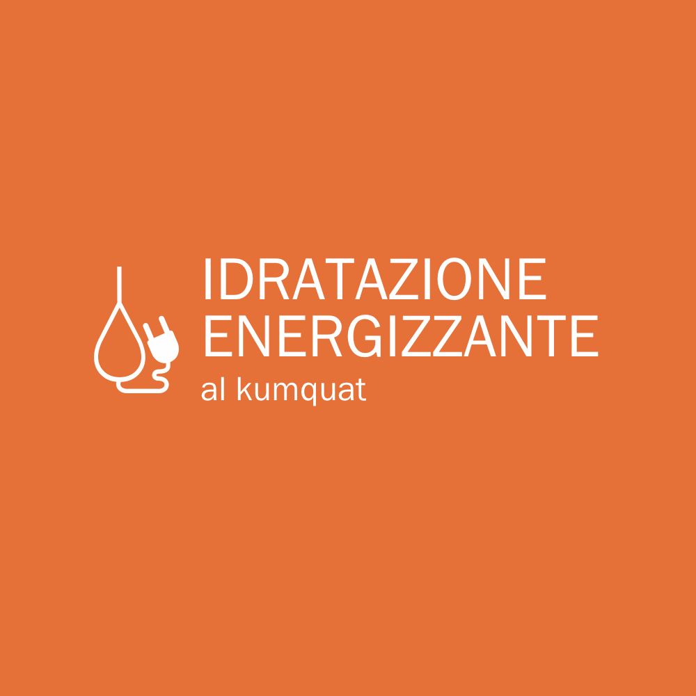 Sfondo arancione con testo bianco: Idratatione Energizzante al Kumquat. Logo goccia e spina.