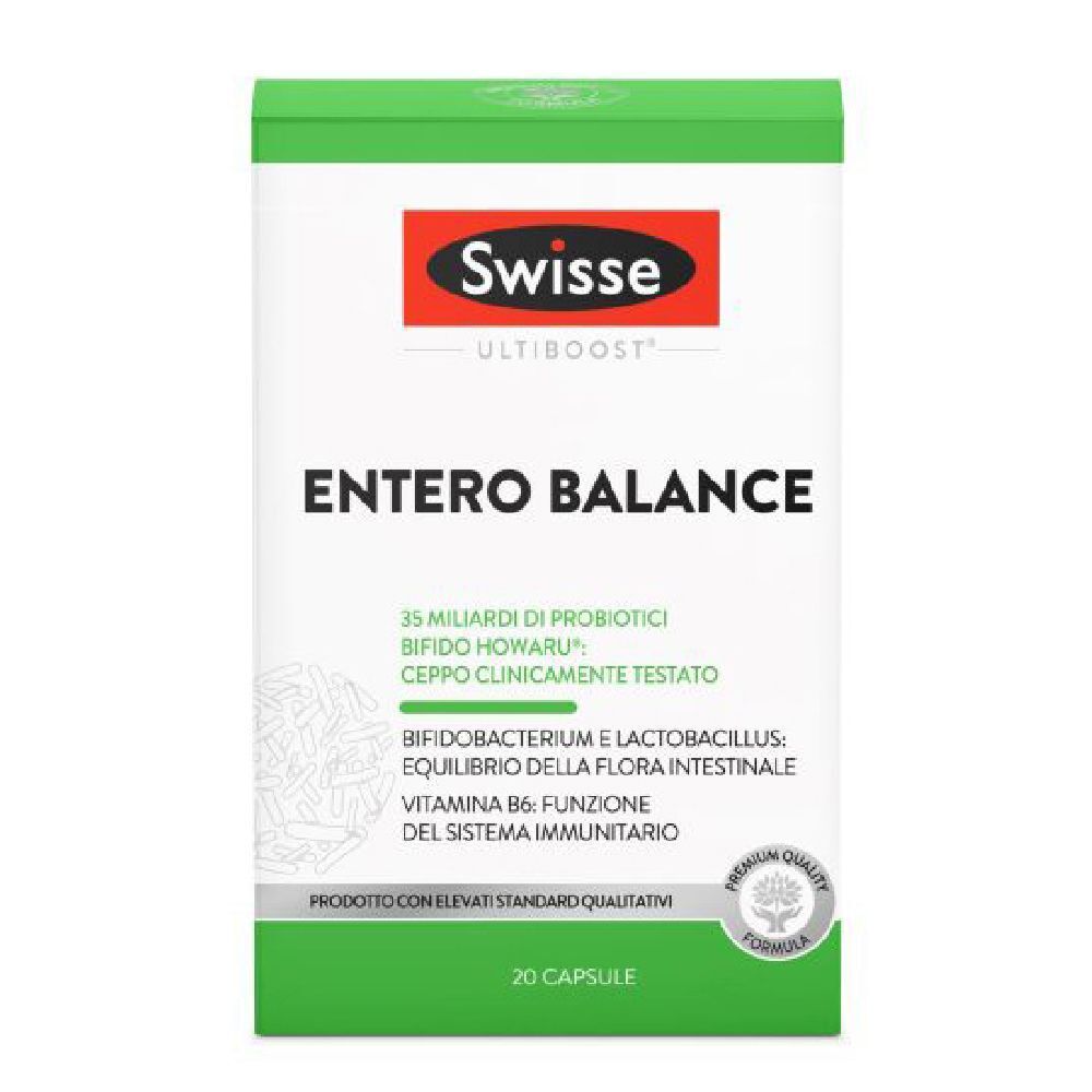 Boîte de Swisse Ultiboost Entero Balance. Blanche, verte et rouge. Contient 20 gélules. Texte : Entero Balance, 35 milliards de probiotiques.