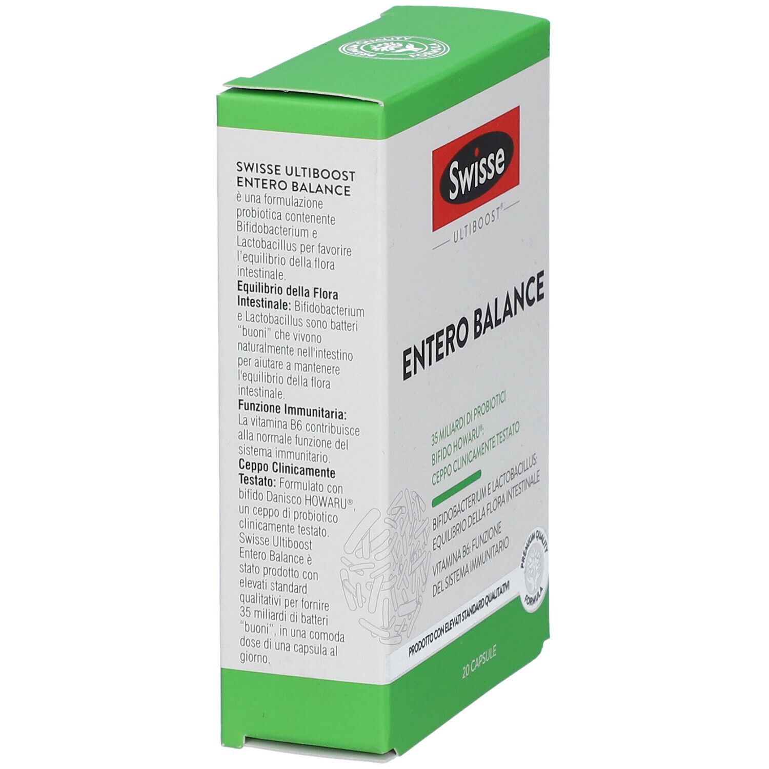 Boîte Swisse Ultiboost Entero Balance. Blanc, vert et rouge. Texte : Entero Balance, 35 milliards de probiotiques, Bifido Howaru, 20 gélules.