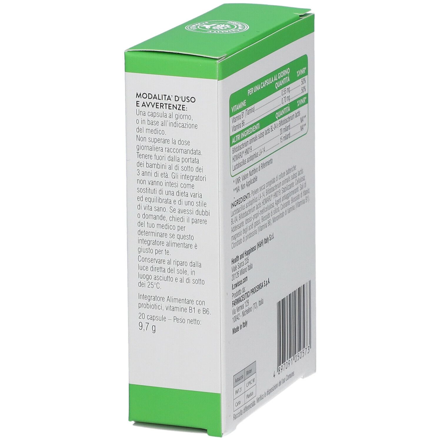 Côté de la boîte Swisse Ultiboost Entero Balance. Contient des informations sur l'utilisation et des avertissements. Poids : 9,7 g.