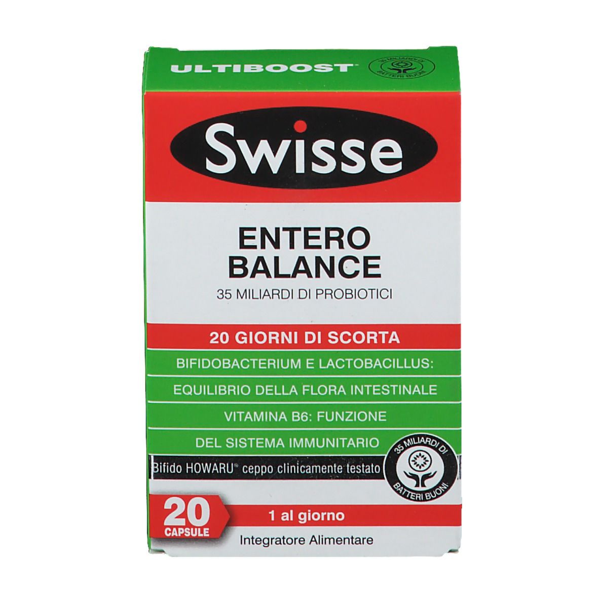 Boîte Swisse Ultiboost Entero Balance. Blanc, vert et rouge. 20 gélules. Texte : Entero Balance, 35 milliards de probiotiques, 1 par jour.