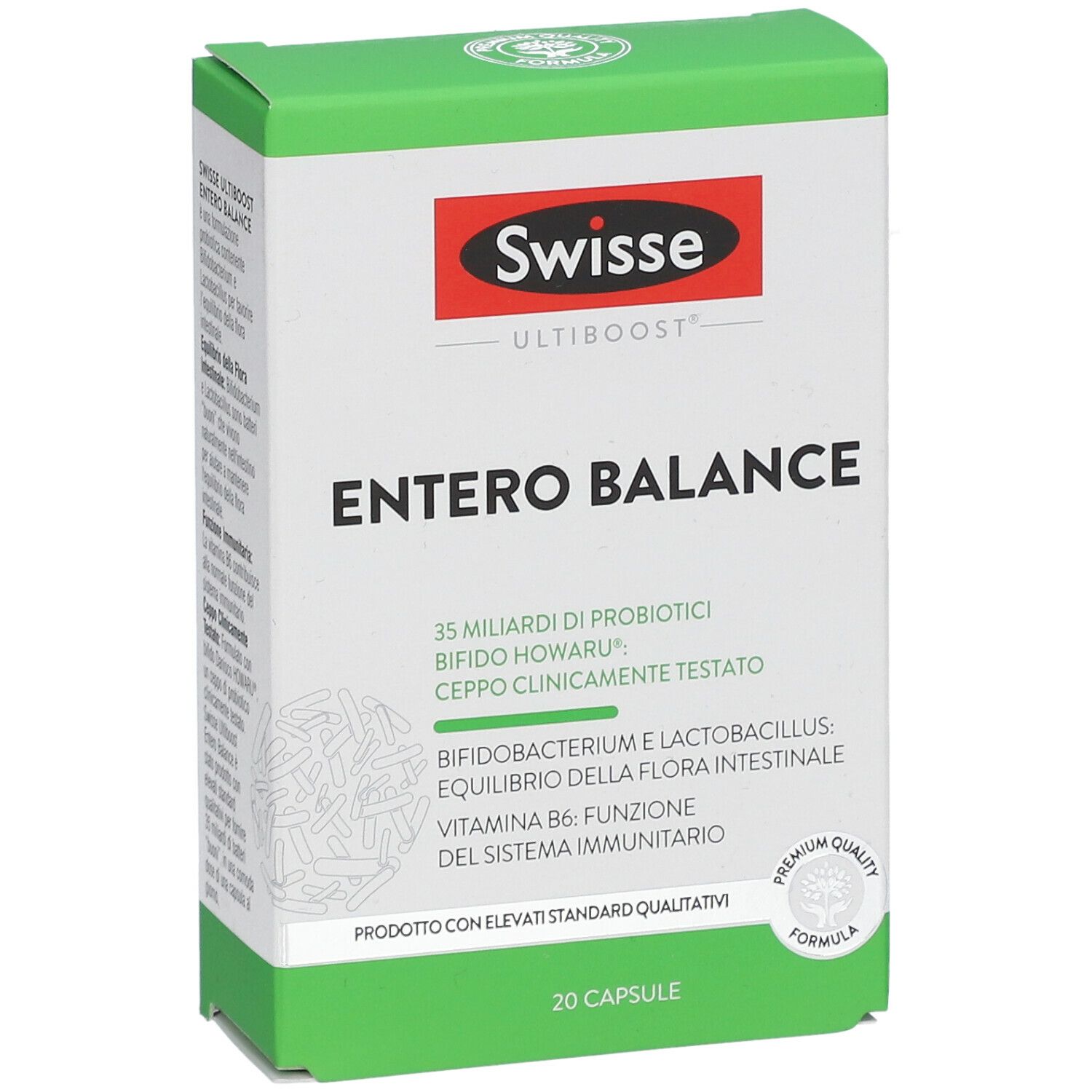 Boîte Swisse Ultiboost Entero Balance. Blanc, vert et rouge. 20 gélules. Texte : Entero Balance, 35 milliards de probiotiques.