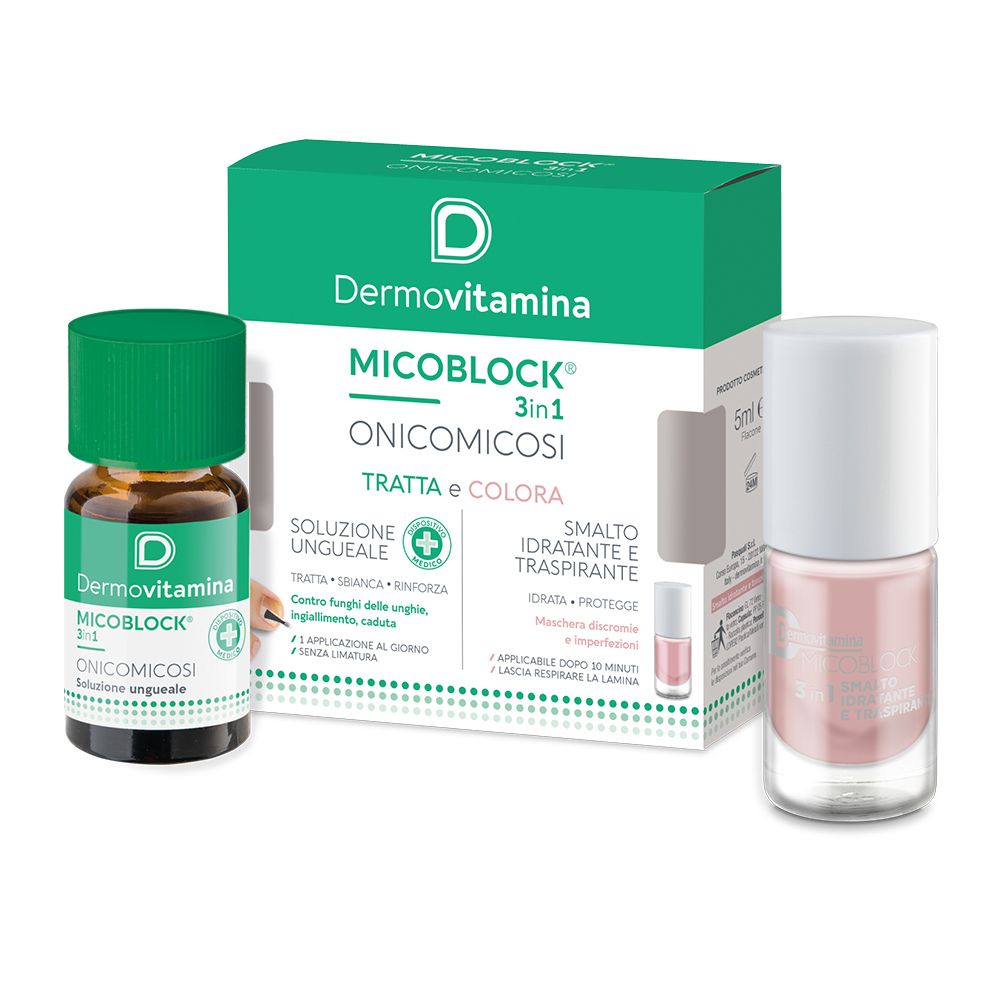 Dermovitamina Micoblock 3in1. Flasche und Nagellack, grüne Verpackung. Produktname und Details.