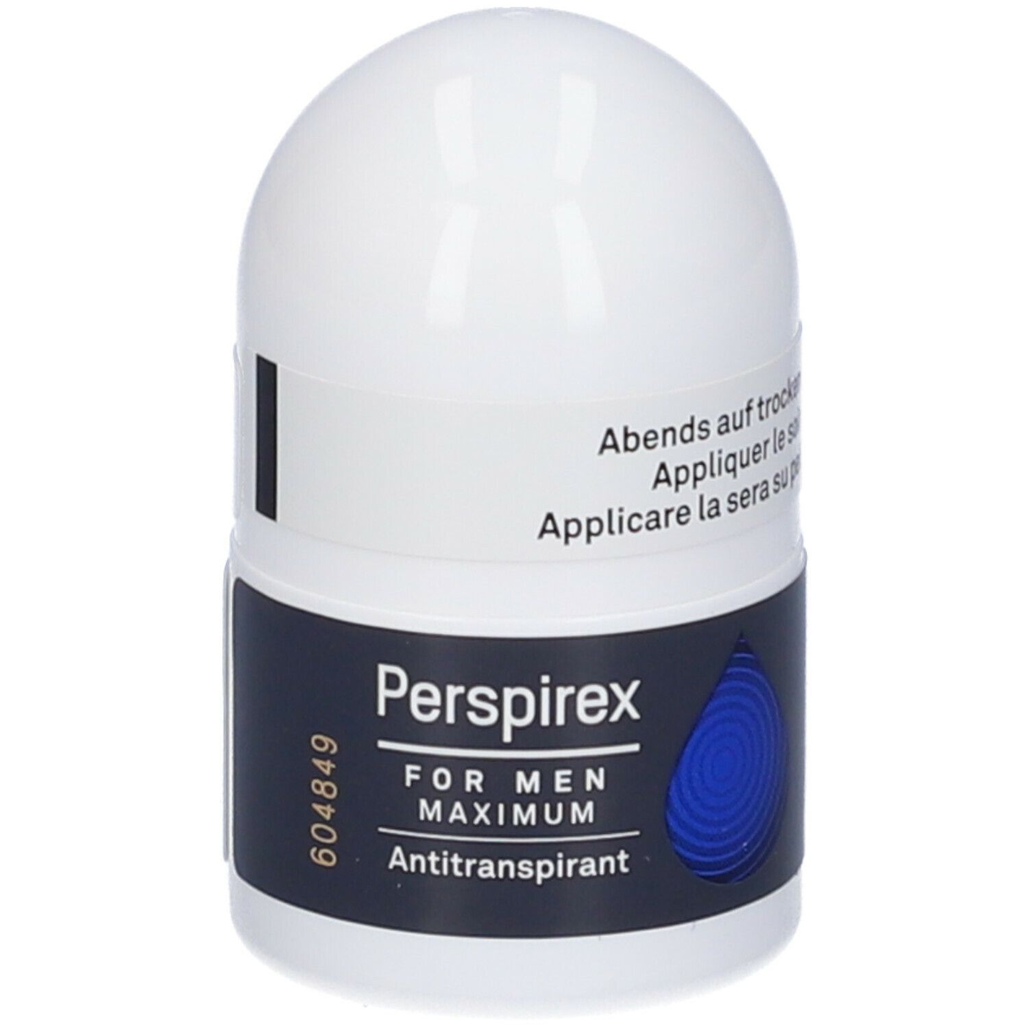 Perspirex For Men Maximum, antitraspirante. Roll-on bianco con dettaglio blu. Testo: Applicare la sera sulla pelle asciutta.