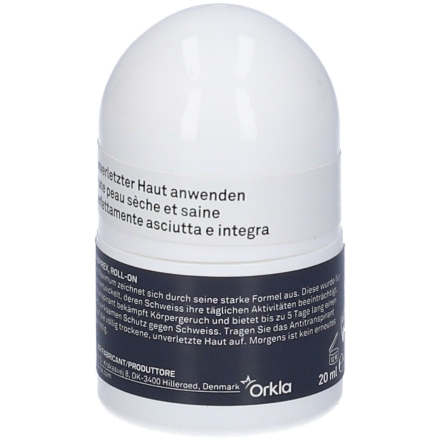 Roll-on Perspirex For Men Maximum. Contenitore bianco con dettaglio blu. Testo: Applicare la sera sulla pelle asciutta. Produttore.