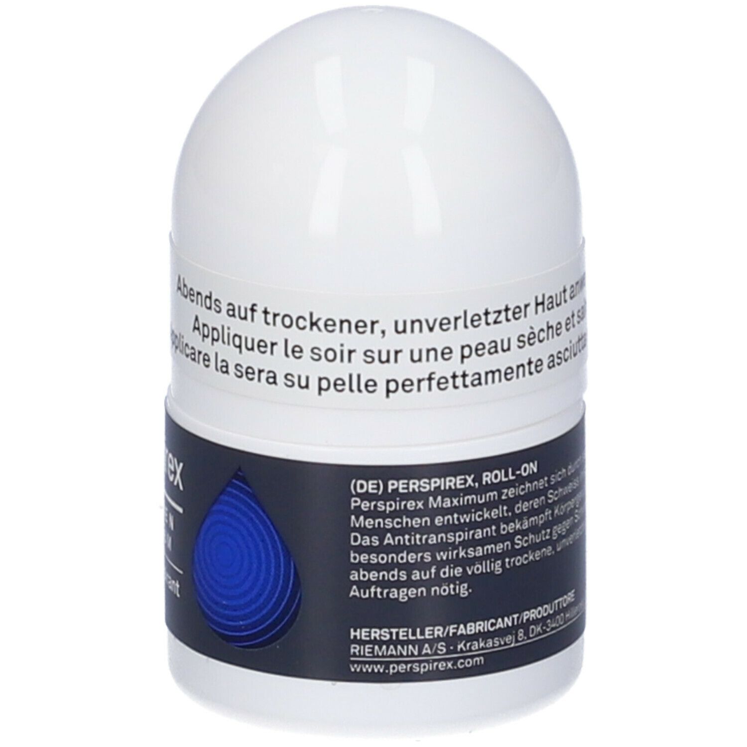 Roll-on Perspirex For Men Maximum. Contenitore bianco con dettaglio blu. Testo: Applicare la sera sulla pelle asciutta. Produttore.