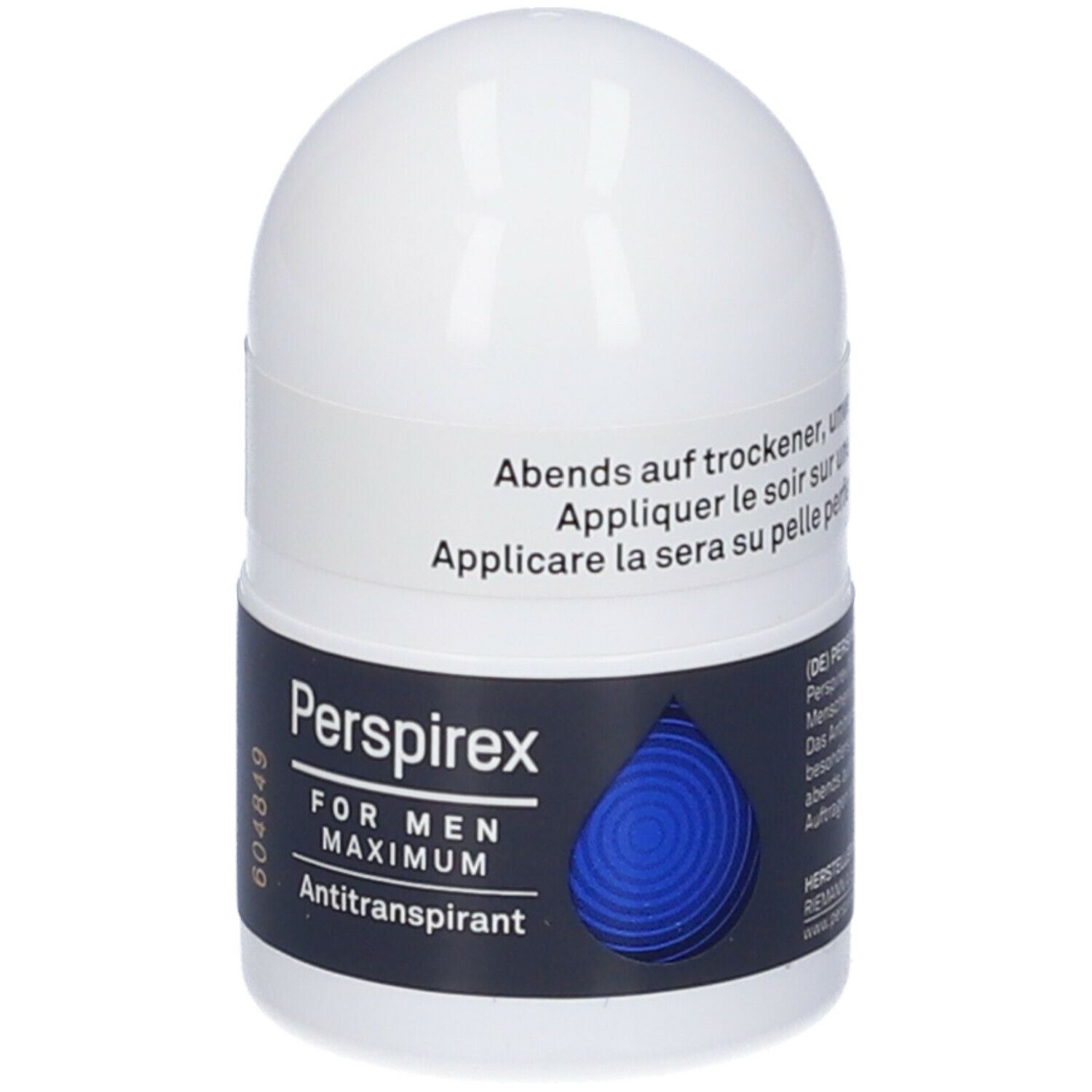 Roll-on Perspirex For Men Maximum. Contenitore bianco con dettaglio blu. Testo: Applicare la sera sulla pelle asciutta. Produttore.