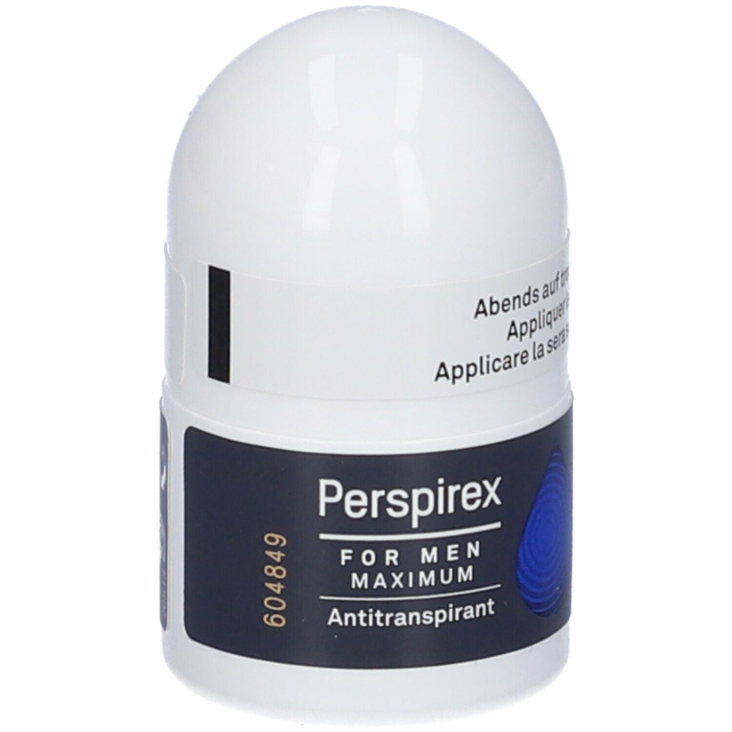Roll-on Perspirex For Men Maximum. Contenitore bianco con dettaglio blu. Testo: Applicare la sera sulla pelle asciutta. Produttore.