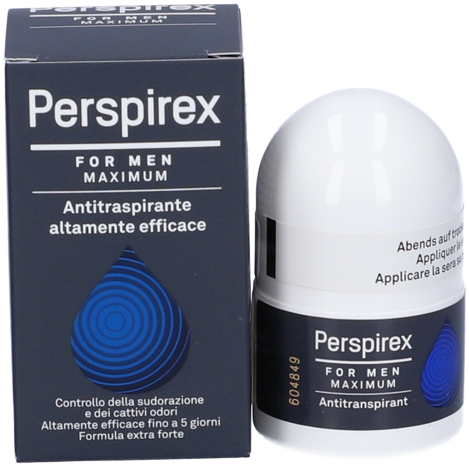 Roll-on e confezione Perspirex For Men Maximum. Contenitore bianco, scatola nera. Testo: Antitraspirante, controllo odori.