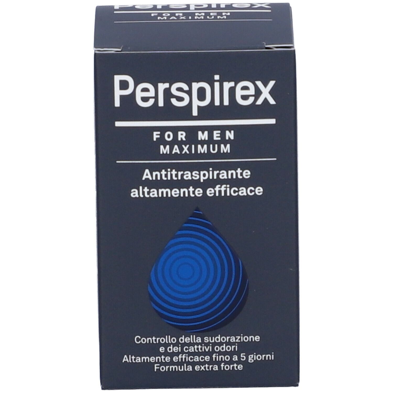 Confezione Perspirex For Men Maximum. Scatola nera con goccia blu. Testo: Antitraspirante, controllo odori.