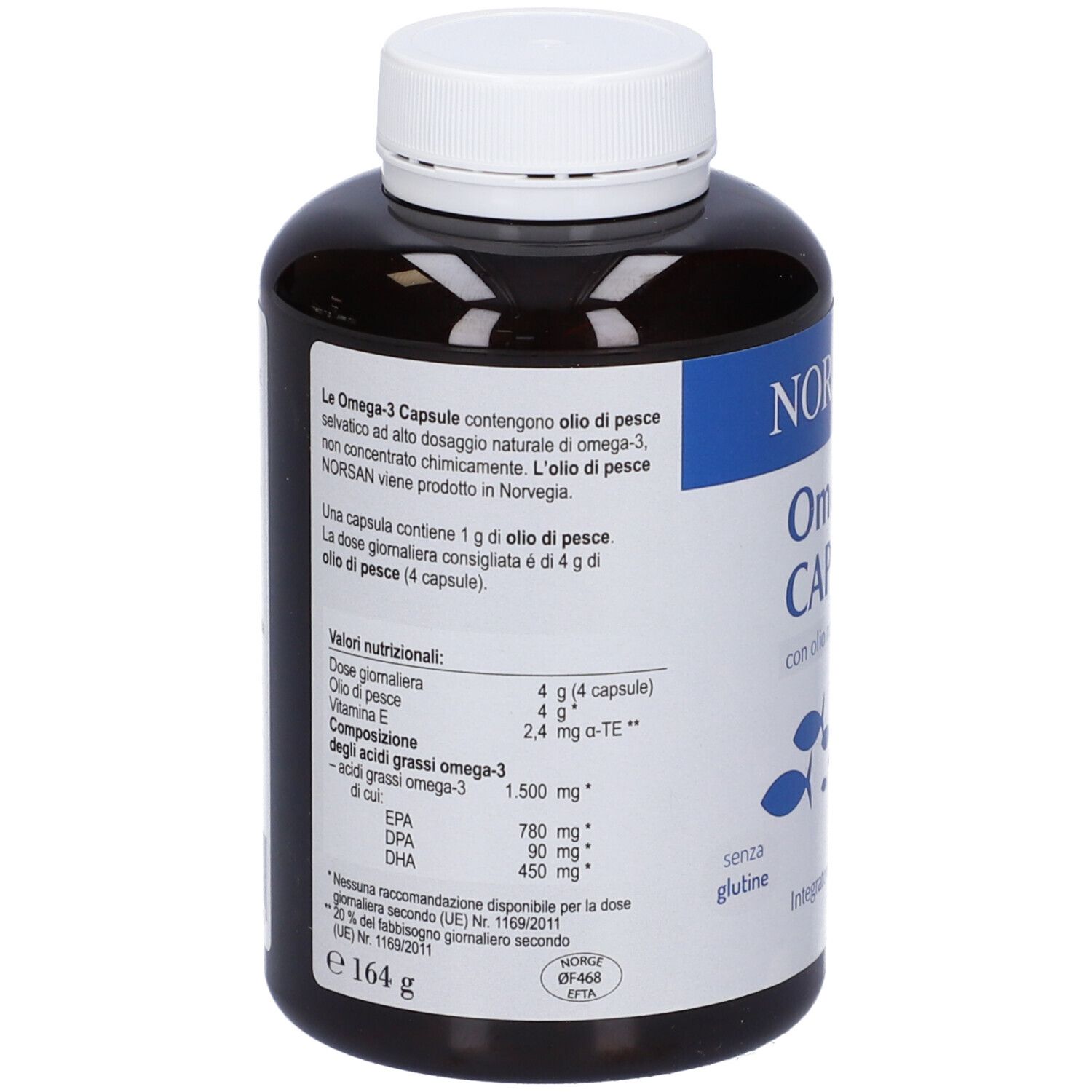 Retro del flacone marrone. Etichetta con informazioni nutrizionali, ingredienti e testo. Peso: 164 g.