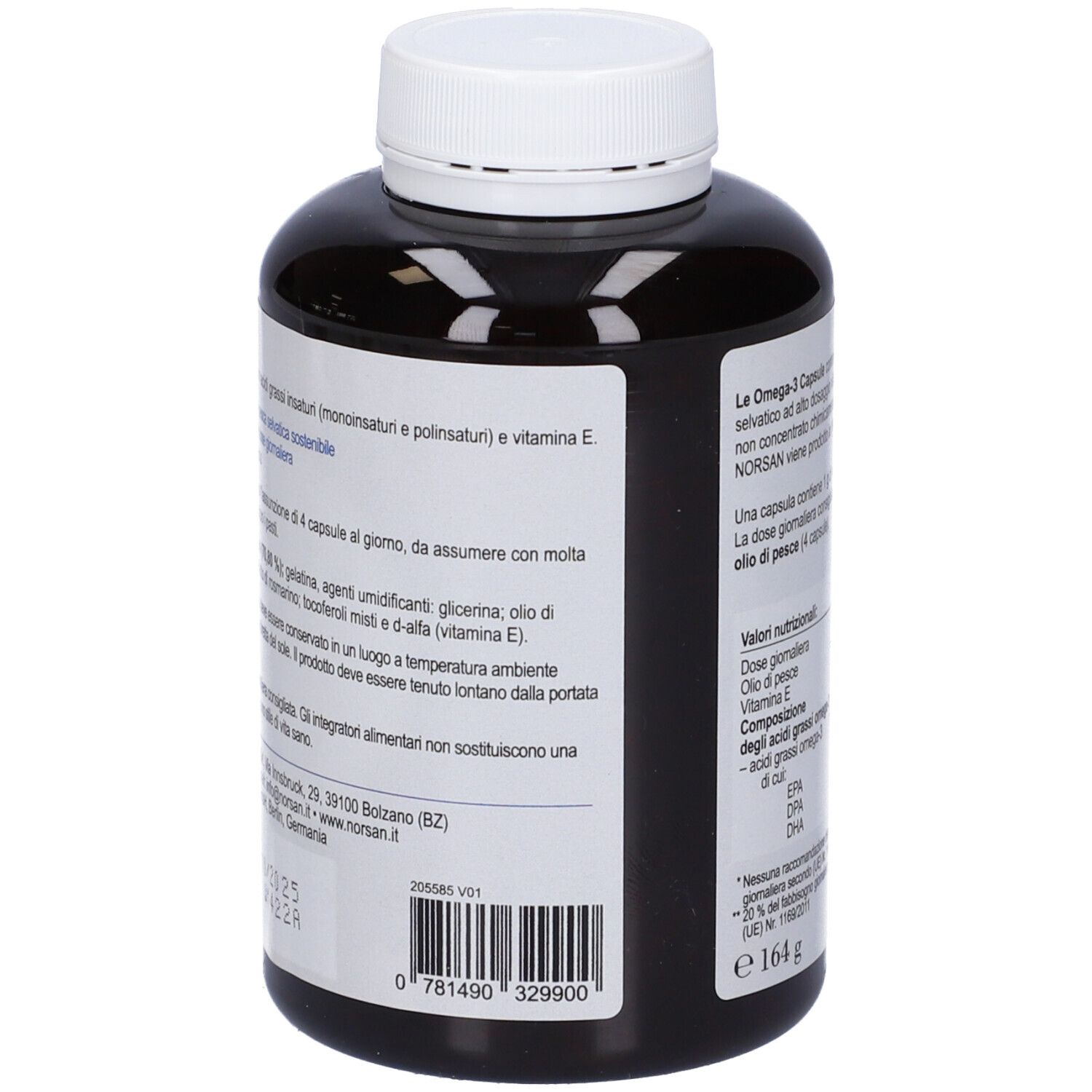 Retro del flacone marrone. Etichetta con ingredienti, avvertenze e codice a barre. Peso: 164 g.