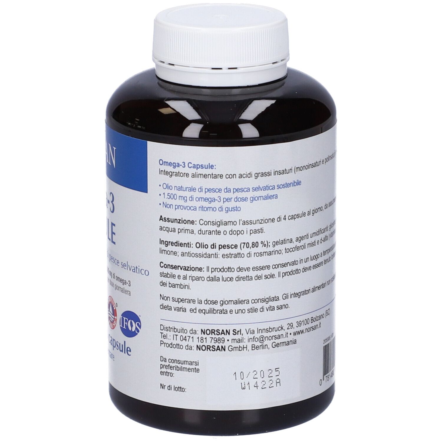 Retro del flacone marrone. Etichetta con ingredienti, avvertenze e data di scadenza. Certificazione IFOS.
