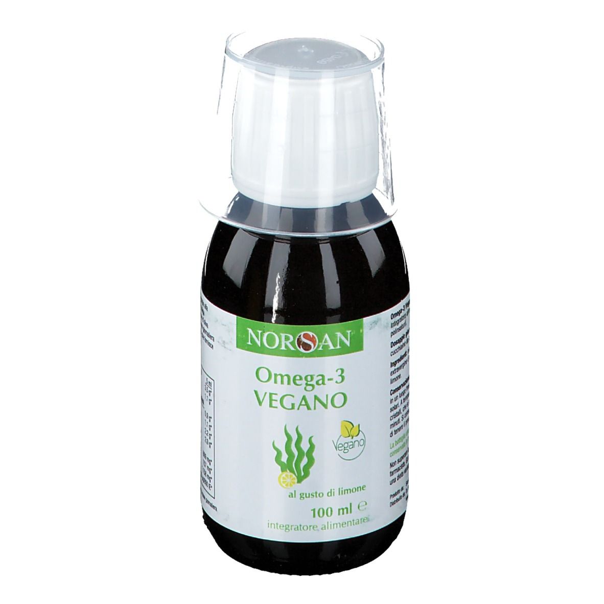 NORSAN Omega-3 Vegano, bottiglia con tappo dosatore. Liquido marrone in una bottiglia con tappo bianco. Nome del prodotto e logo.