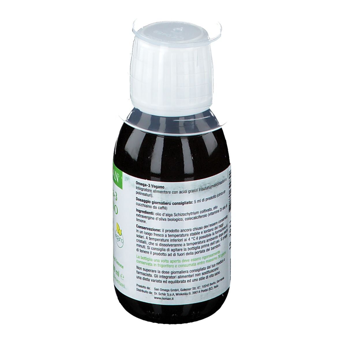 NORSAN Omega-3 Vegano, bottiglia con tappo dosatore. Retro con testo. Liquido marrone in una bottiglia con tappo bianco.