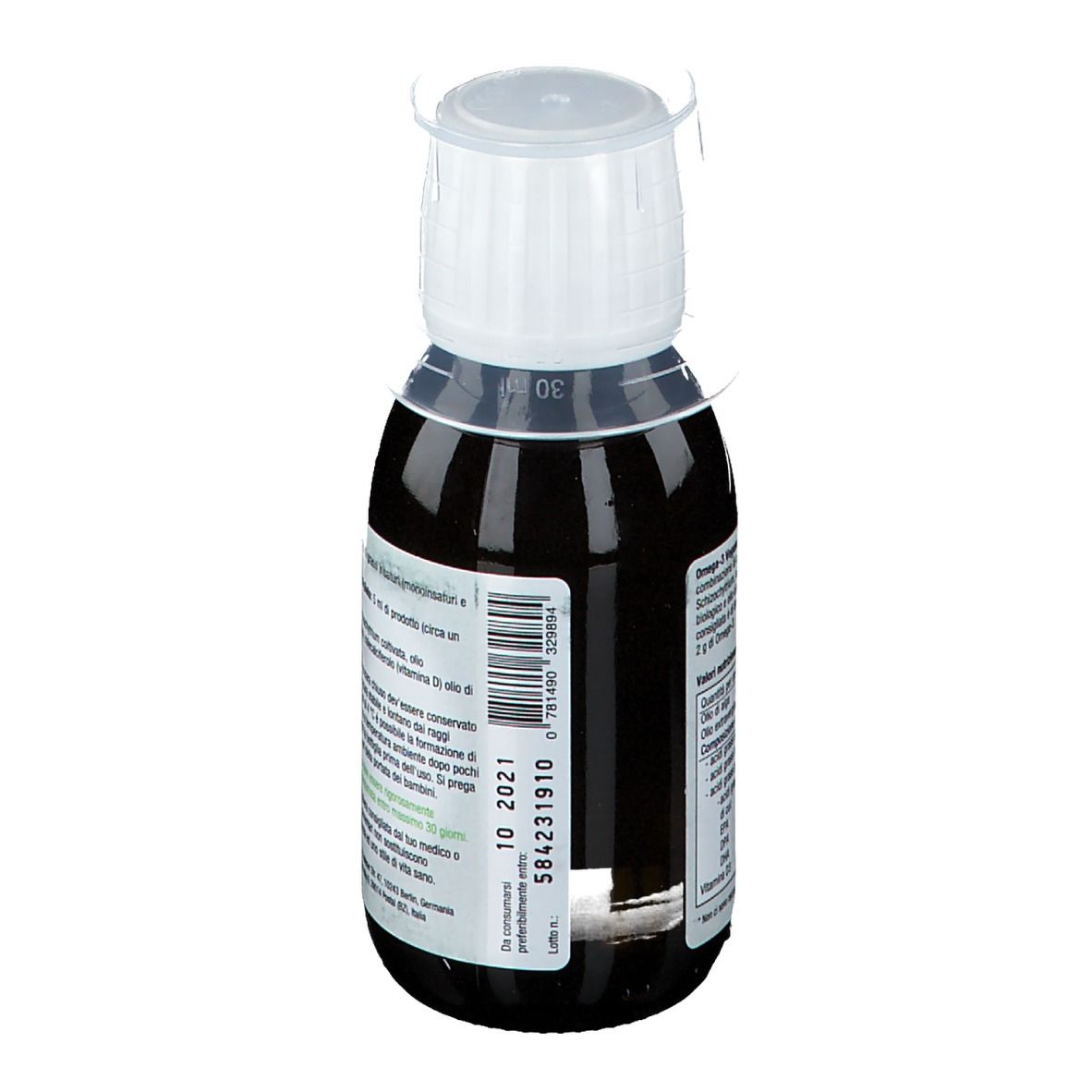 NORSAN Omega-3 Vegano, bottiglia con tappo dosatore. Retro con testo e codice a barre. Liquido marrone in una bottiglia.