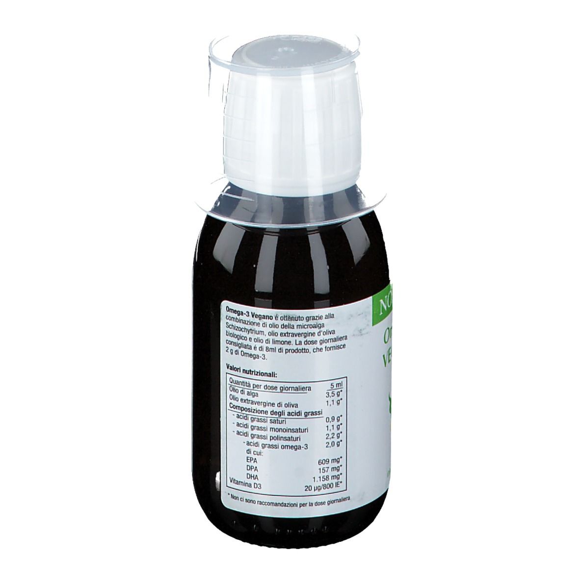 NORSAN Omega-3 Vegano, bottiglia con tappo dosatore. Retro con informazioni nutrizionali. Liquido marrone in una bottiglia.