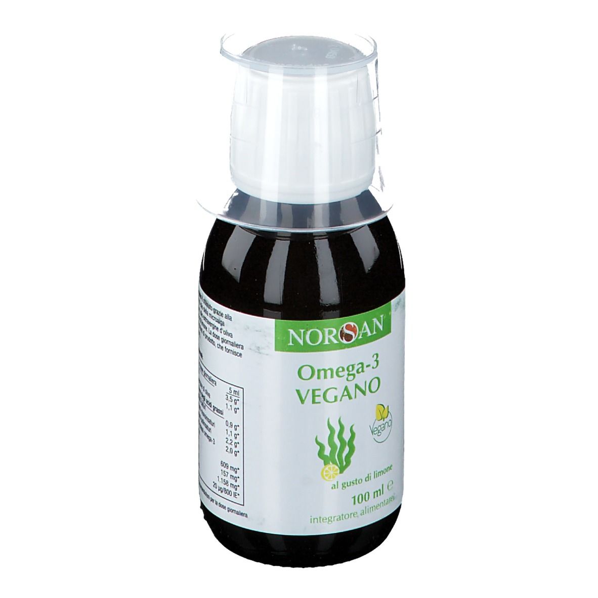 NORSAN Omega-3 Vegano, bottiglia con tappo dosatore. Liquido marrone in una bottiglia con tappo bianco. Nome del prodotto e logo.