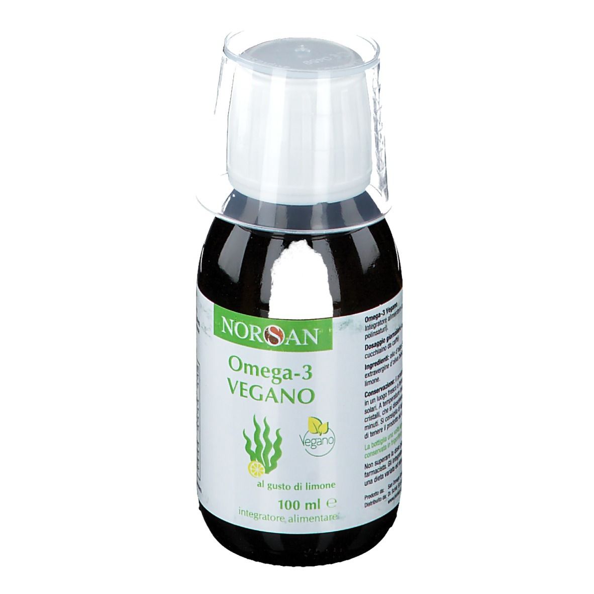 NORSAN Omega-3 Vegano, bottiglia con tappo dosatore. Liquido marrone in una bottiglia con tappo bianco. Nome del prodotto e logo.