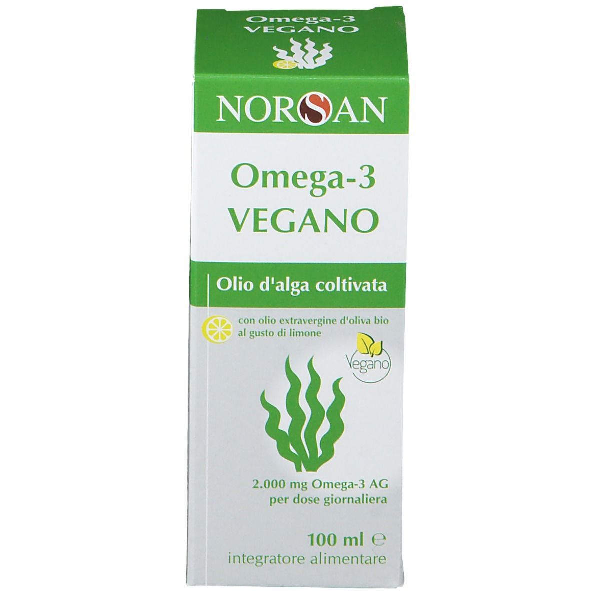 NORSAN Omega-3 Vegano, confezione. Confezione verde con nome del prodotto e informazioni. Informazioni sul prodotto.