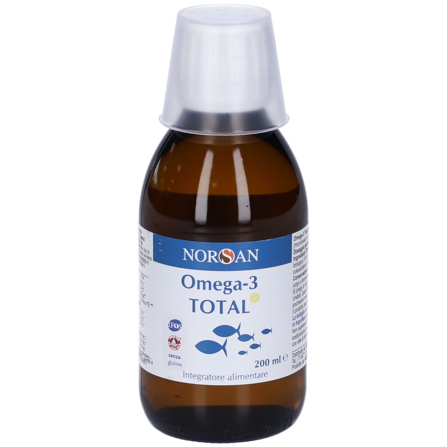 Braune Flasche mit weißem Deckel. Auf dem Etikett steht NORSAN Omega-3 TOTAL. 200 ml.