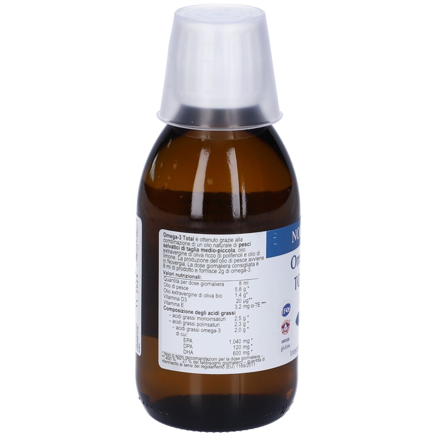 Braune Flasche mit weißem Deckel. Auf dem Etikett steht NORSAN Omega-3 TOTAL. Rückseite mit Text.