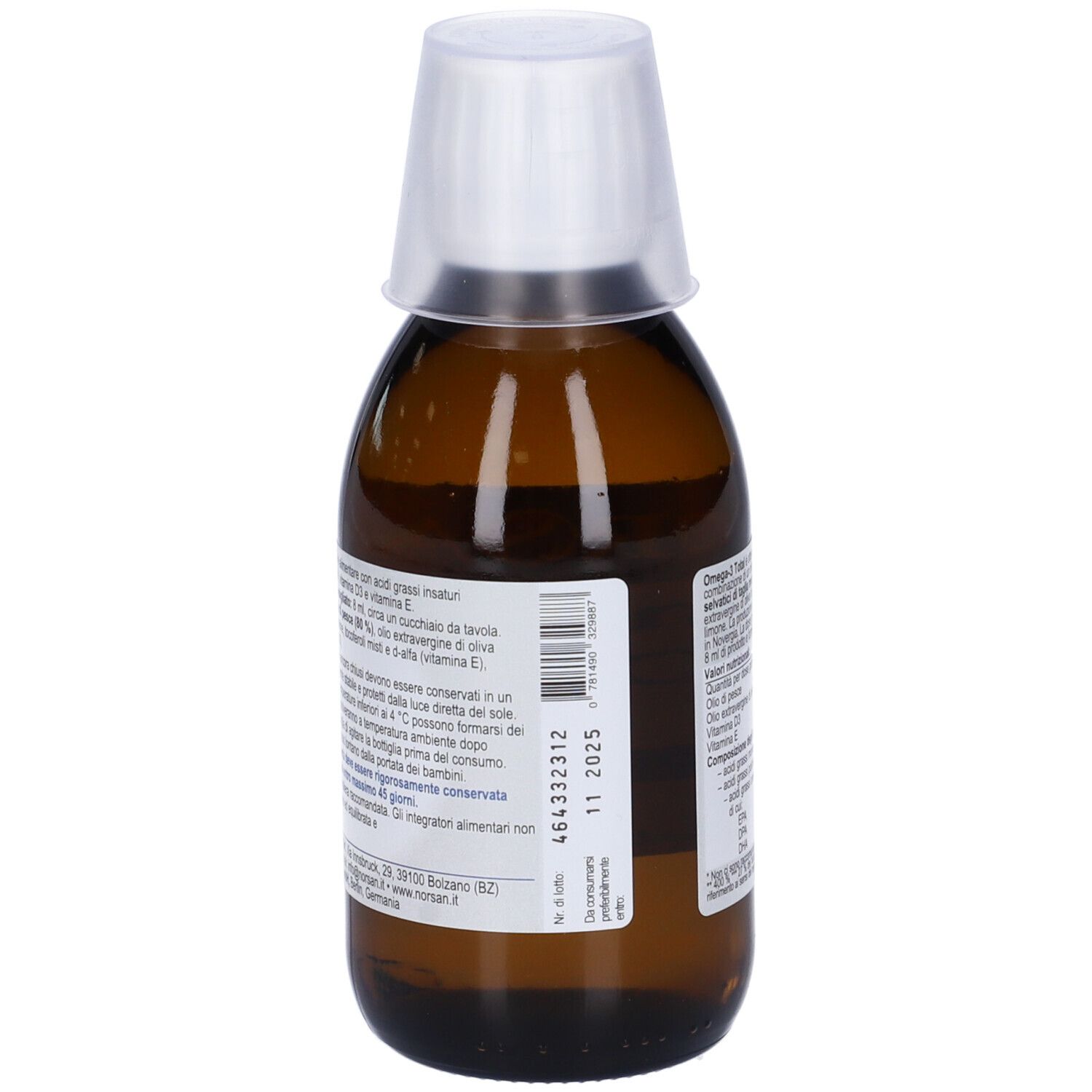 Braune Flasche mit weißem Deckel. Auf dem Etikett steht NORSAN Omega-3 TOTAL. Rückseite mit Text.