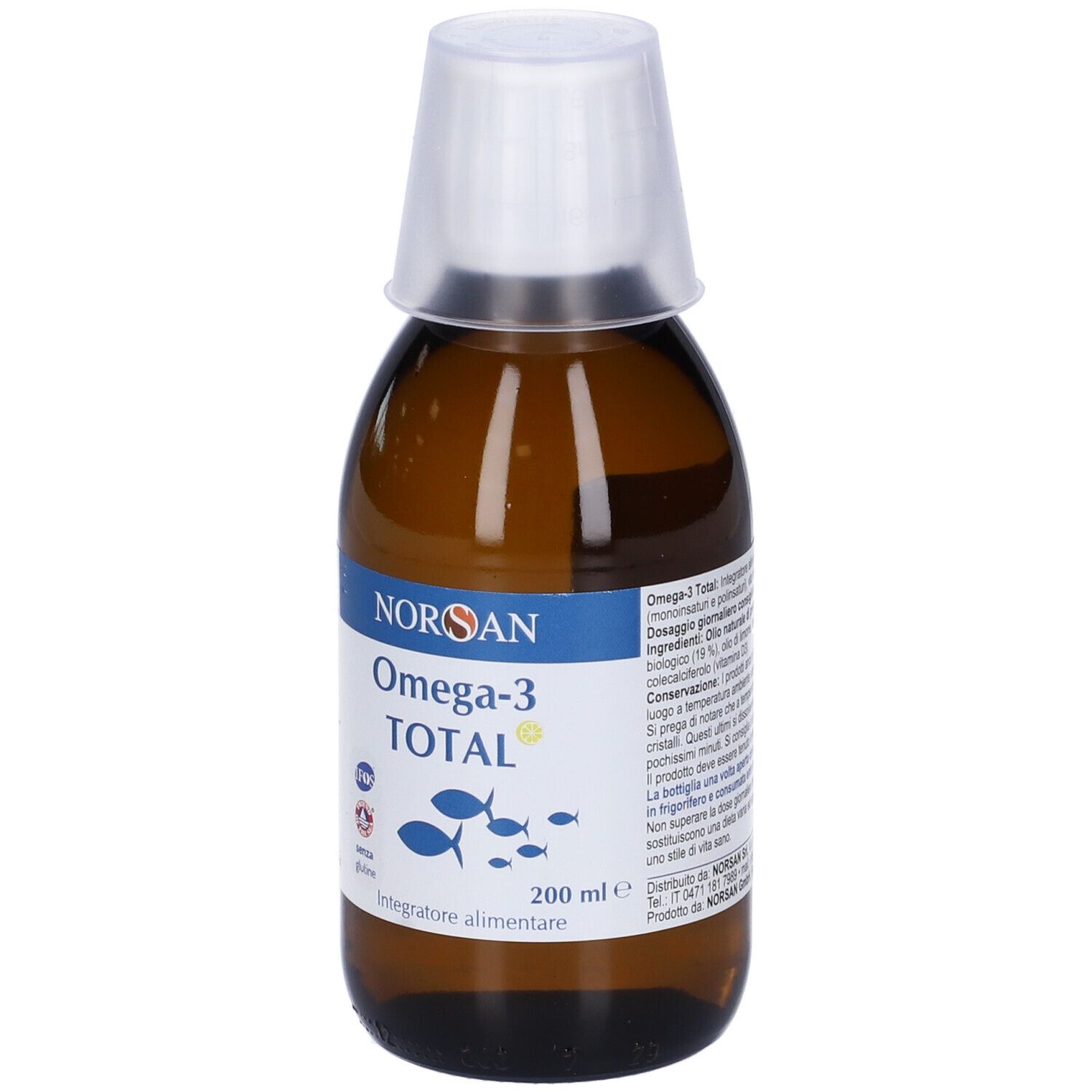 Braune Flasche mit weißem Deckel. Auf dem Etikett steht NORSAN Omega-3 TOTAL. Rückseite mit Text.