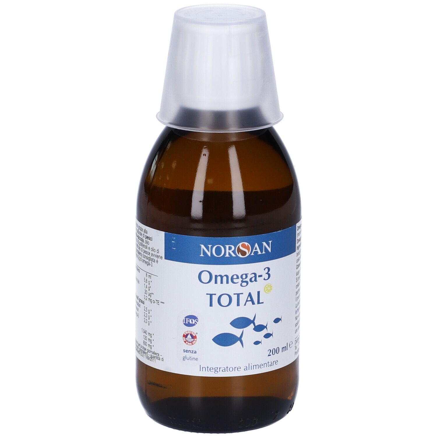 Braune Flasche mit weißem Deckel. Auf dem Etikett steht NORSAN Omega-3 TOTAL. Rückseite mit Text.
