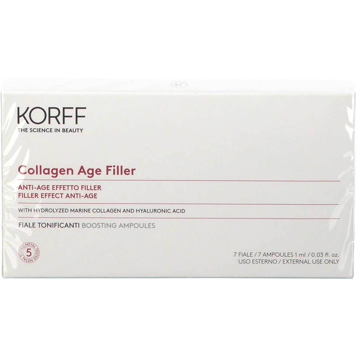 Weiße Verpackung mit Produktnamen. Aufschrift: KORFF Collagen Age Filler. 7 Ampullen, 1 ml.