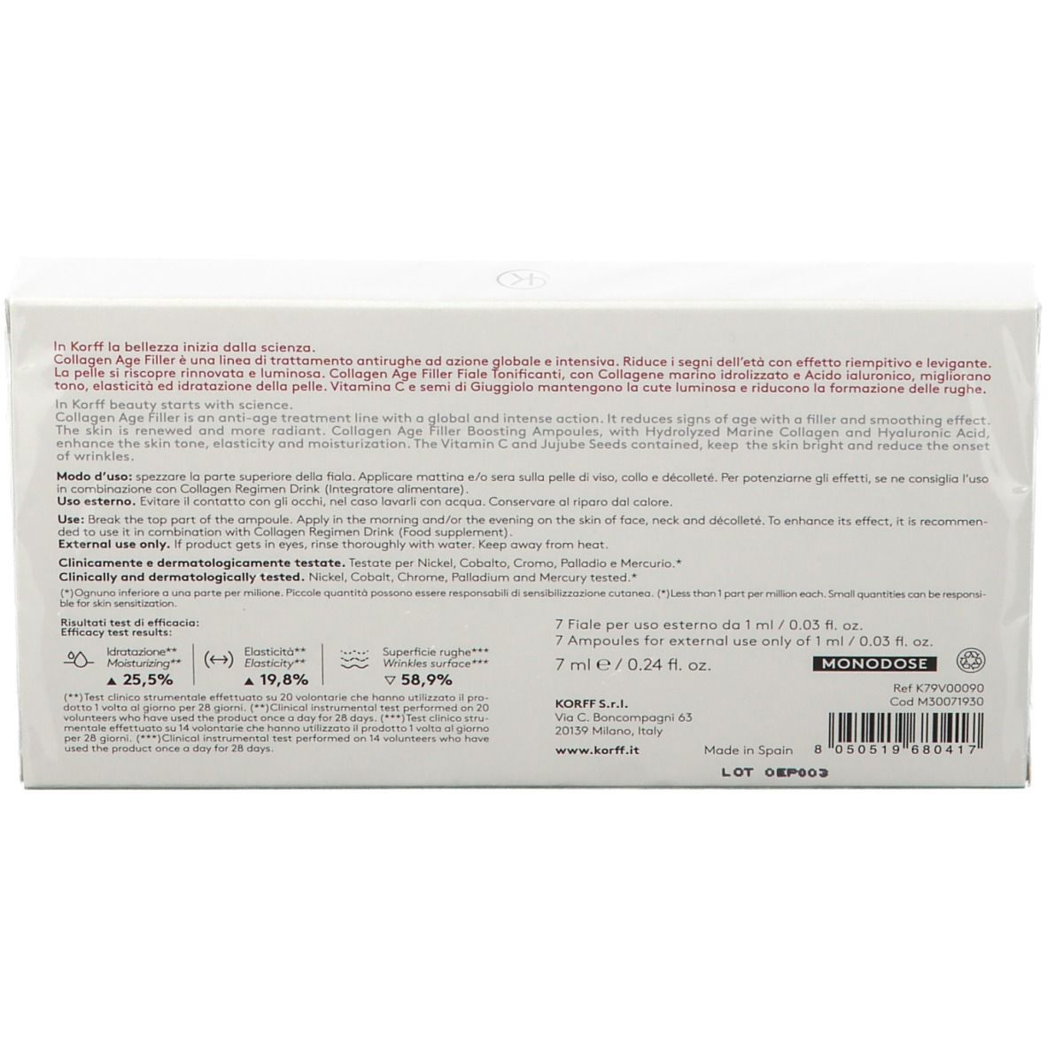 Rückseite der Verpackung mit Text. Aufschrift: KORFF Collagen Age Filler. Informationen zur Anwendung und Inhaltsstoffen.