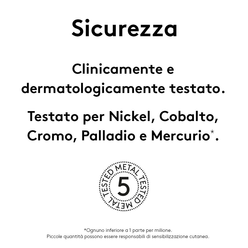 Text über Sicherheit. Aufschrift: Sicurezza. Klinisch und dermatologisch getestet. Metallgetestet.
