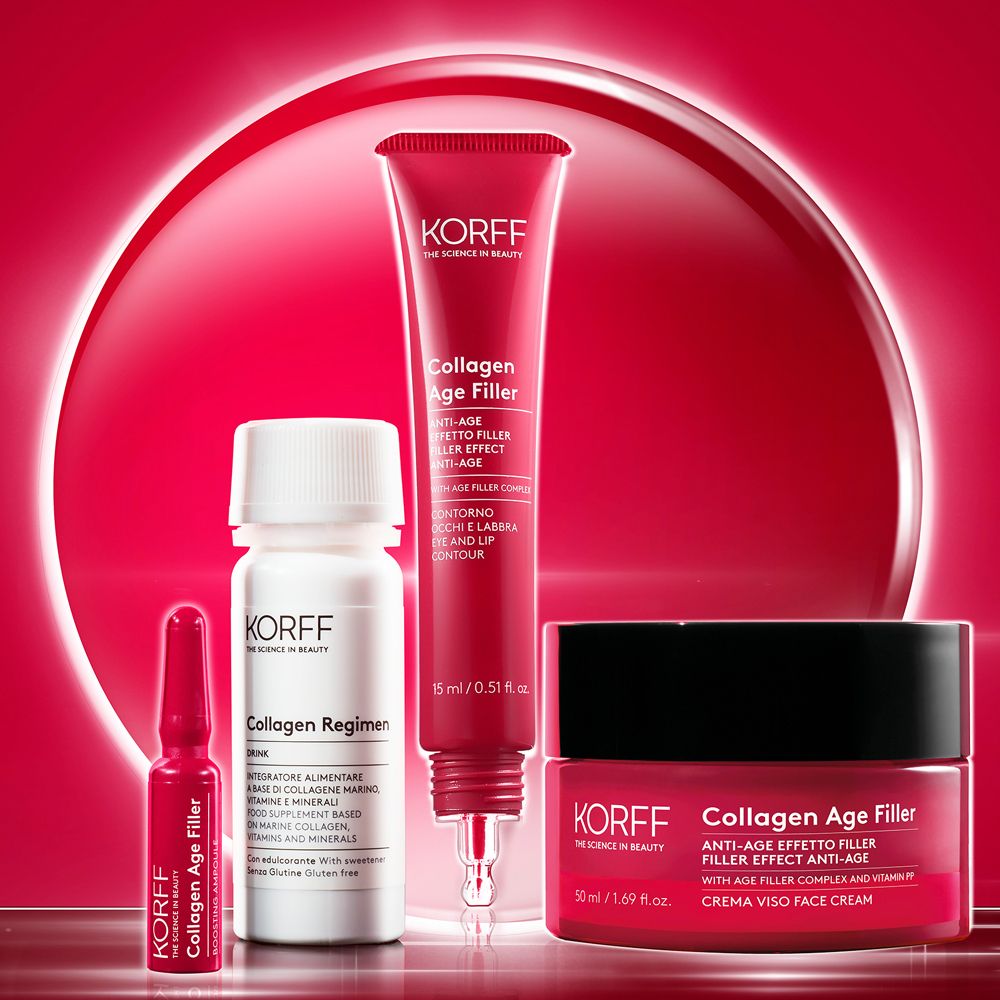 Verschiedene KORFF-Produkte. Enthalten: Ampulle, Creme, Augencreme, Serum. Aufschrift: Collagen Age Filler.