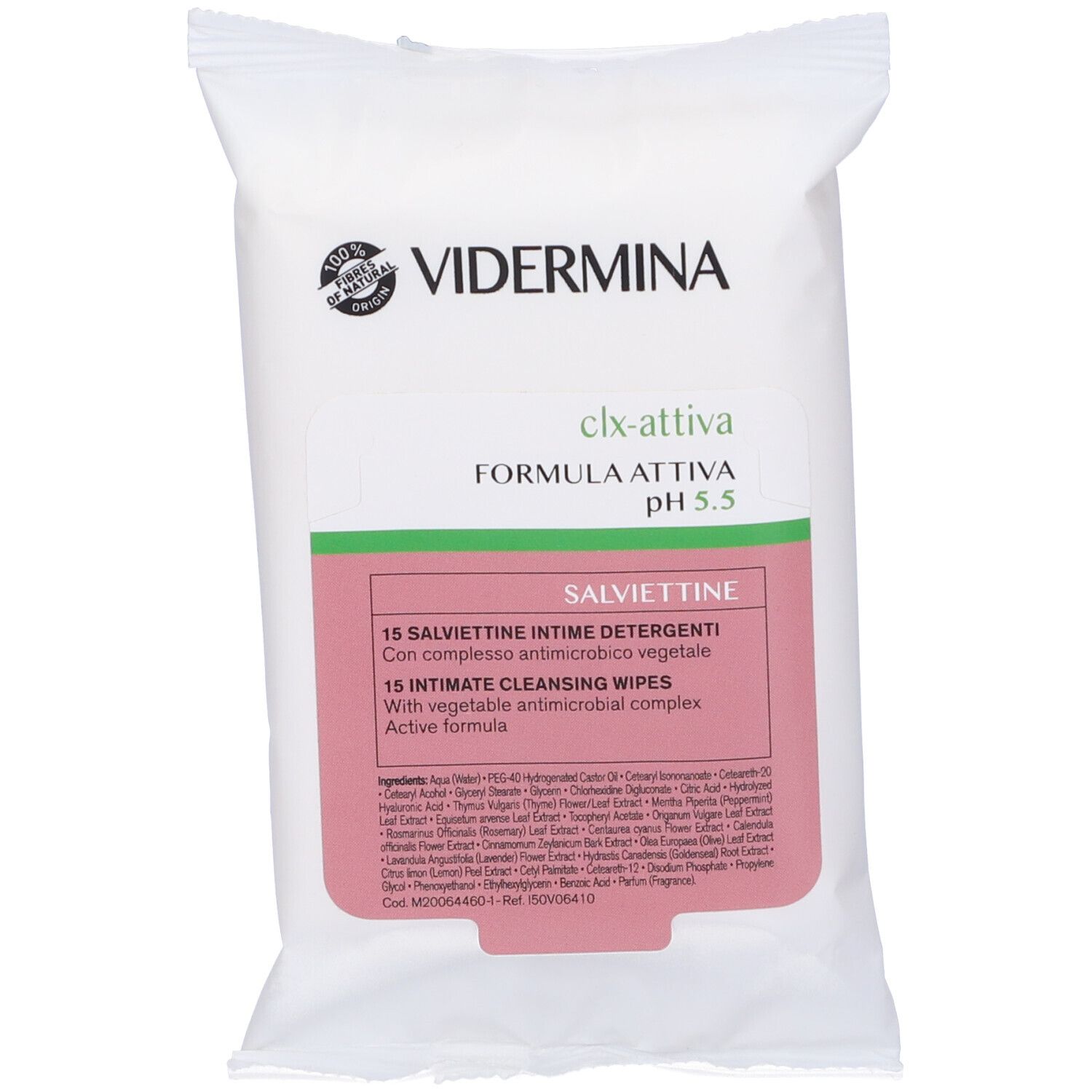 Confezione bianca con scritte. Scritto: VIDERMINA clx-attiva, pH 5,5. 15 salviettine intime detergenti.
