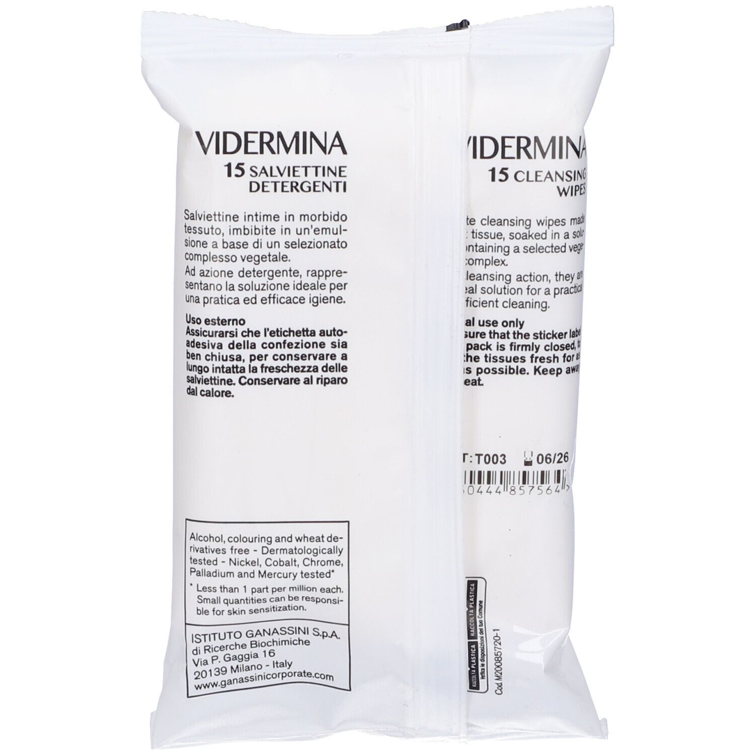 Retro della confezione bianca. Testo: VIDERMINA, 15 salviettine. Istruzioni per l'uso e ingredienti.