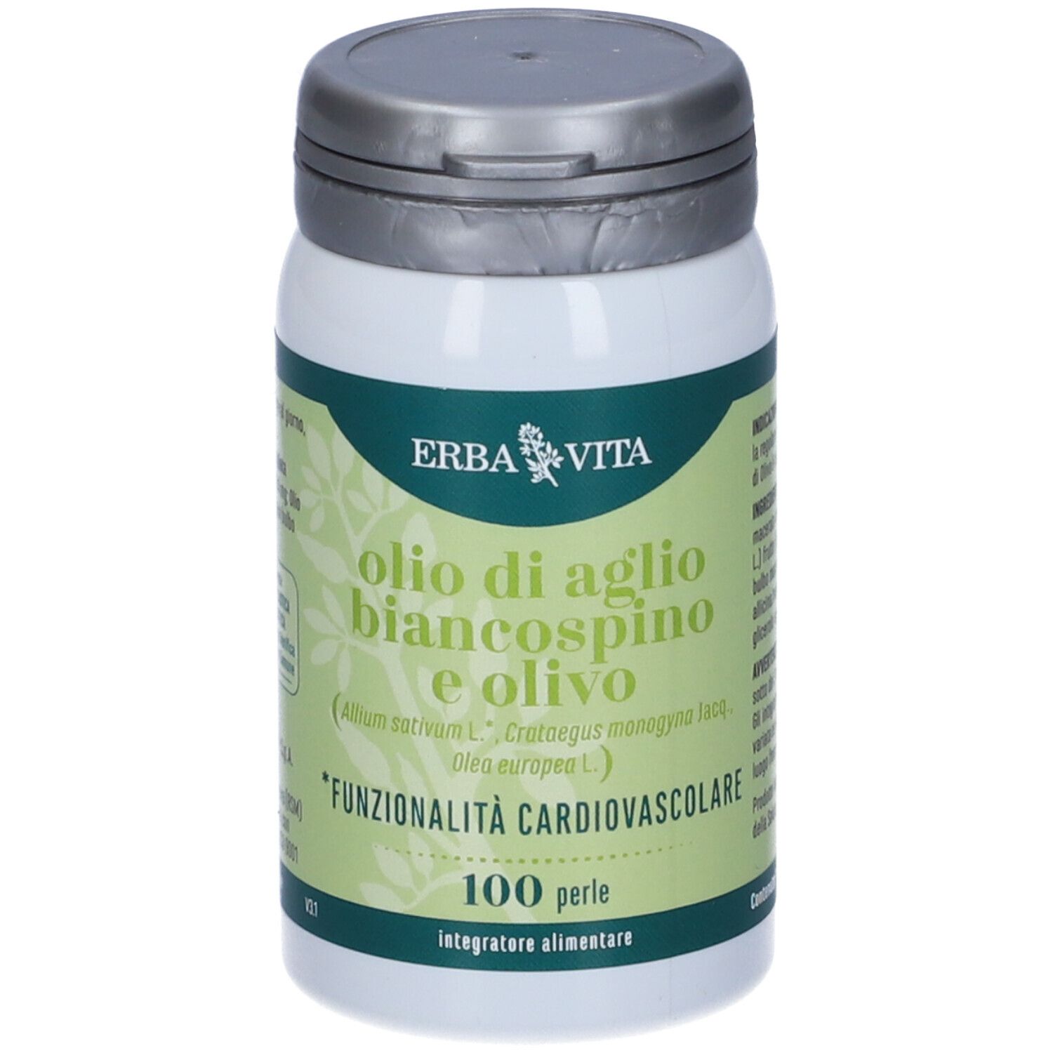 Barattolo bianco con capsule. Scritta: olio di aglio biancospino e olivo. Marchio: ERBA VITA. 100 perle.