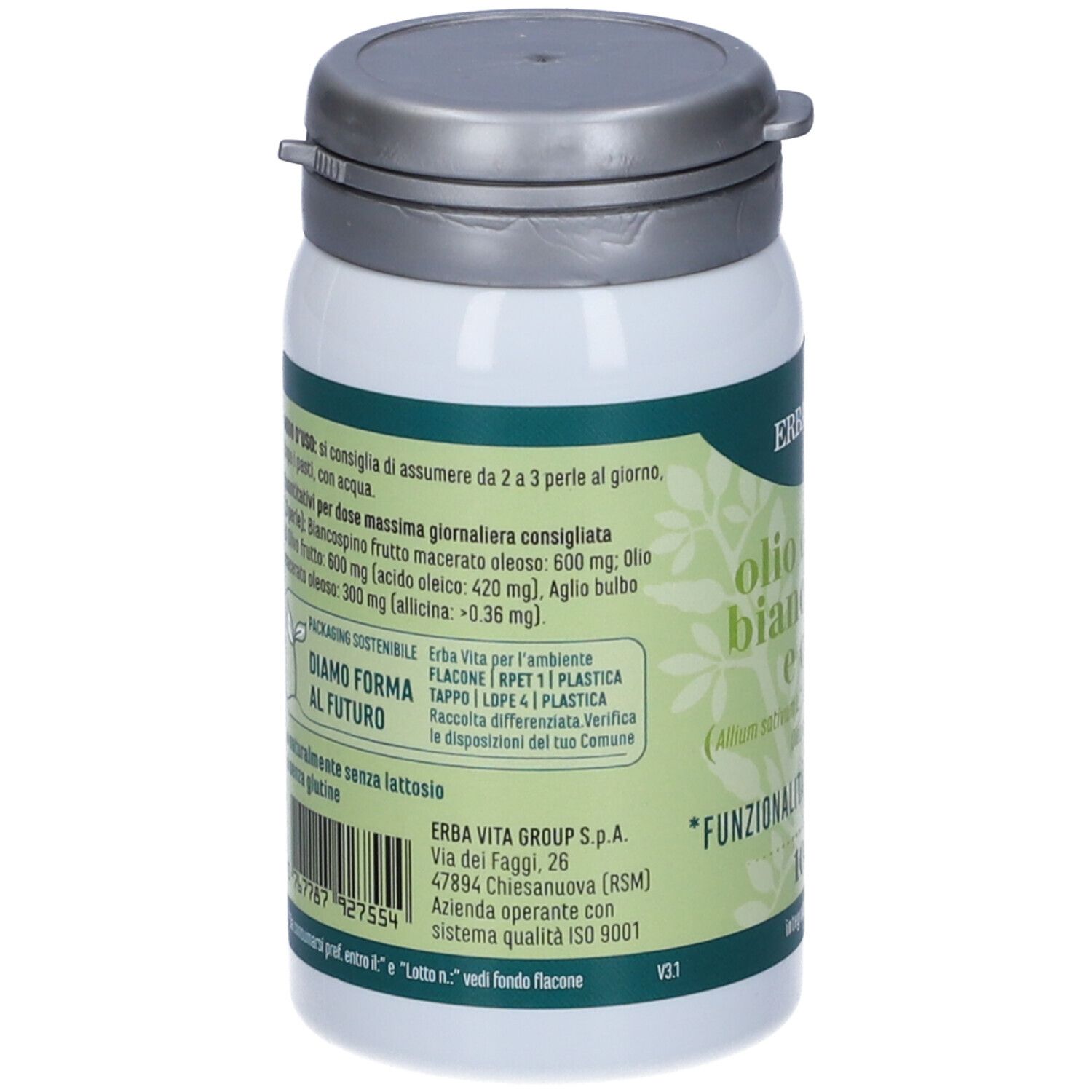 Barattolo bianco con capsule. Scritta: olio di aglio biancospino e olivo. Marchio: ERBA VITA. Retro con testo.