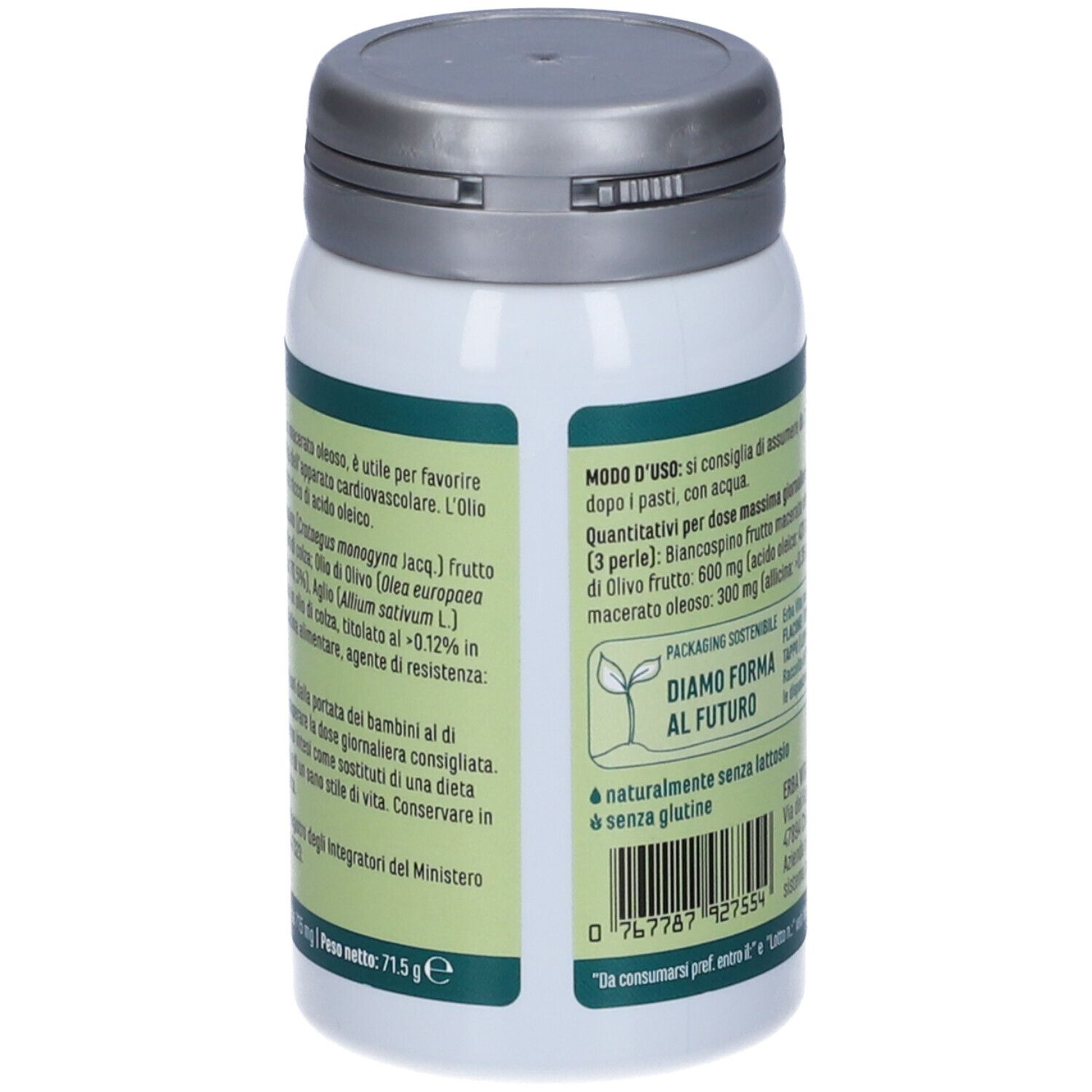 Barattolo bianco con capsule. Scritta: olio di aglio biancospino e olivo. Marchio: ERBA VITA. Retro con testo.