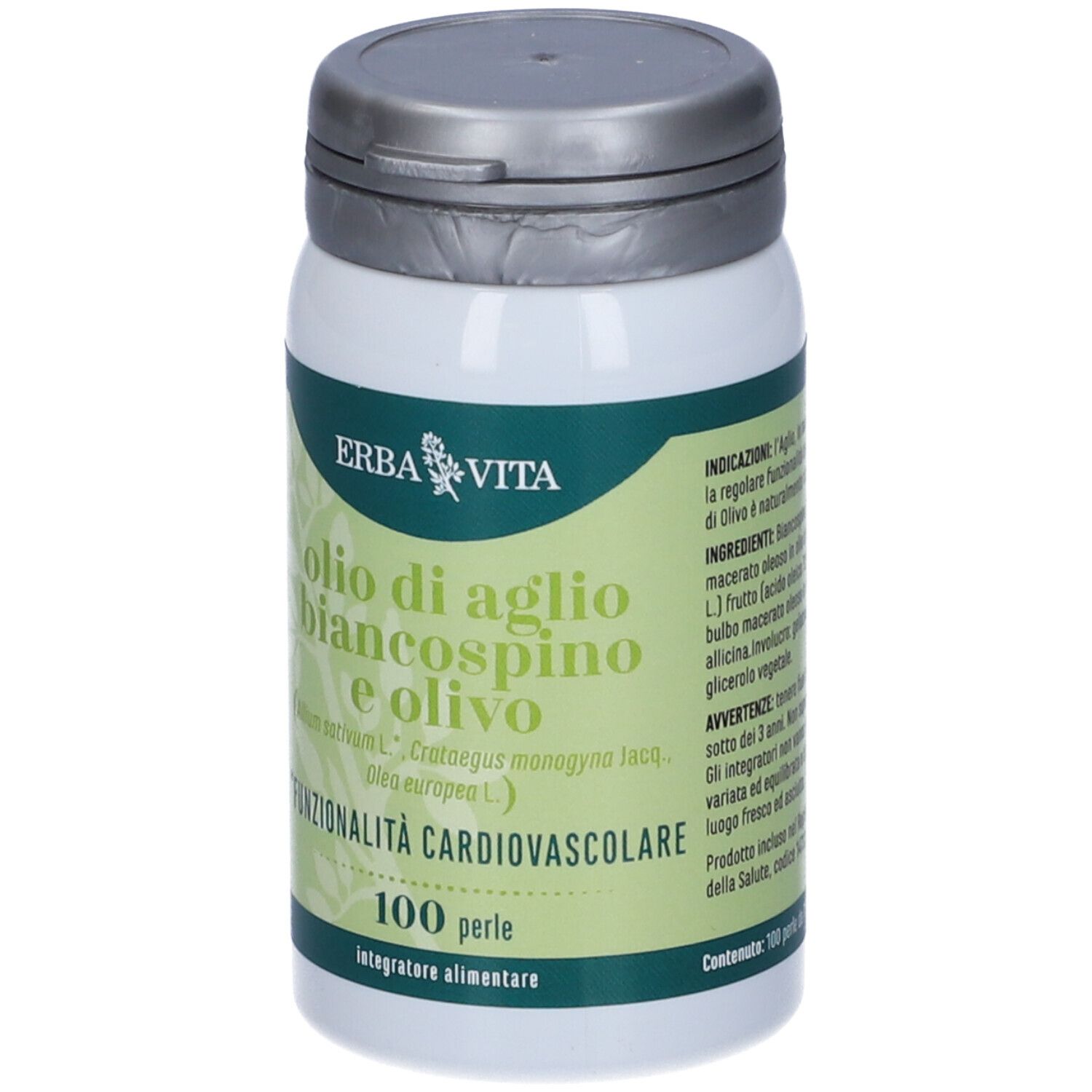 Barattolo bianco con capsule. Scritta: olio di aglio biancospino e olivo. Marchio: ERBA VITA. Retro con testo.