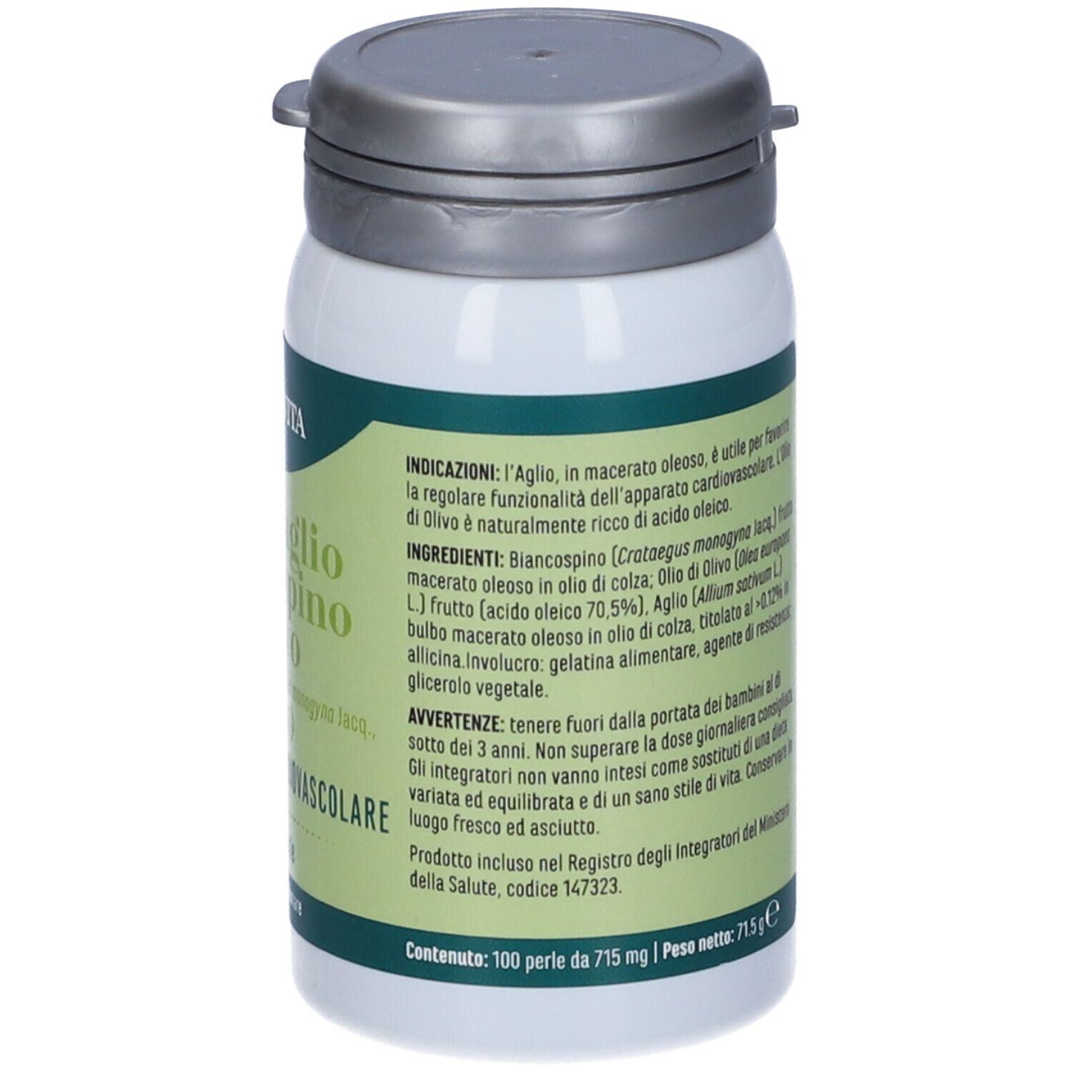 Barattolo bianco con capsule. Scritta: olio di aglio biancospino e olivo. Marchio: ERBA VITA. Retro con testo.