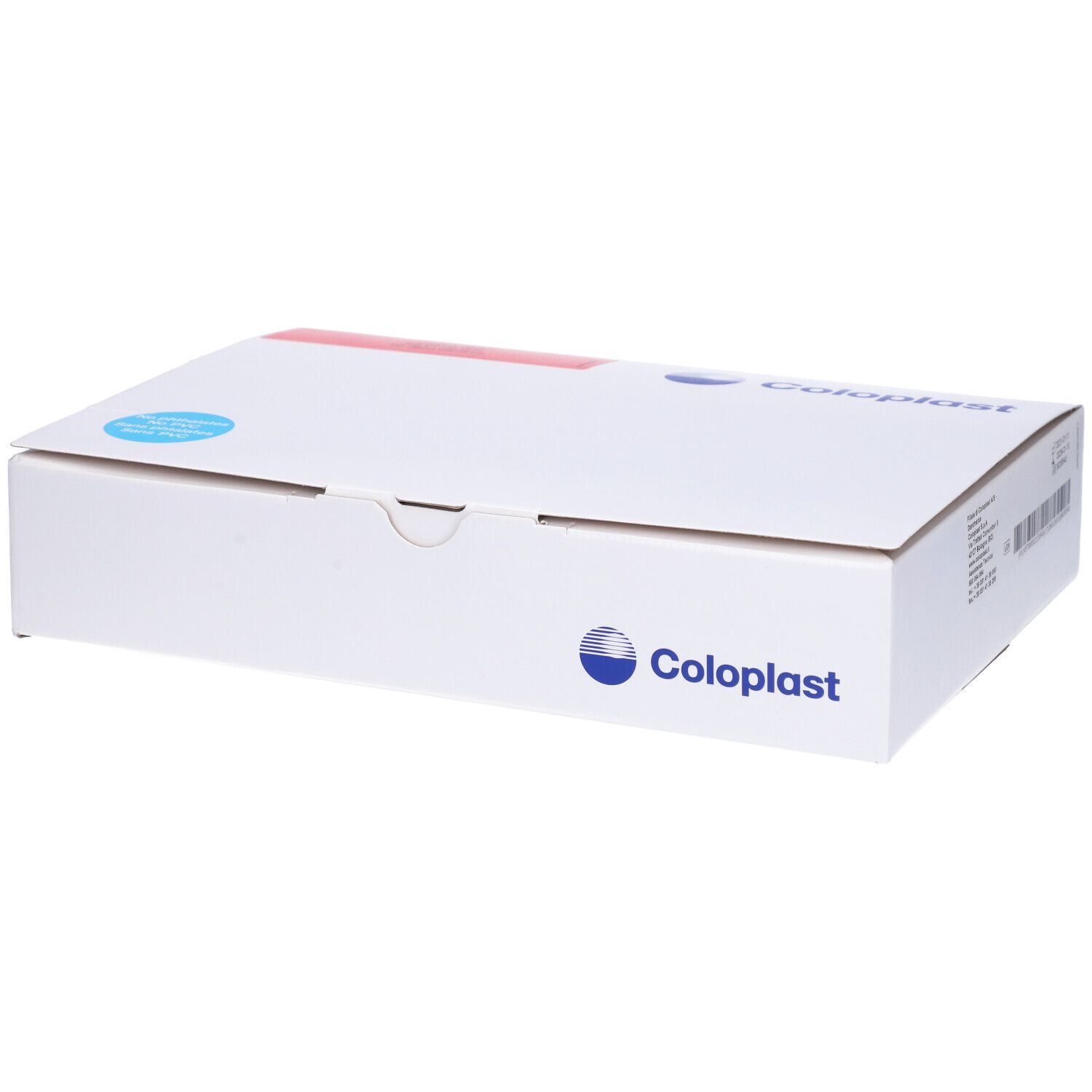 Weiße Coloplast-Box. Blaues Logo. Roter Streifen. Deckel geschlossen.