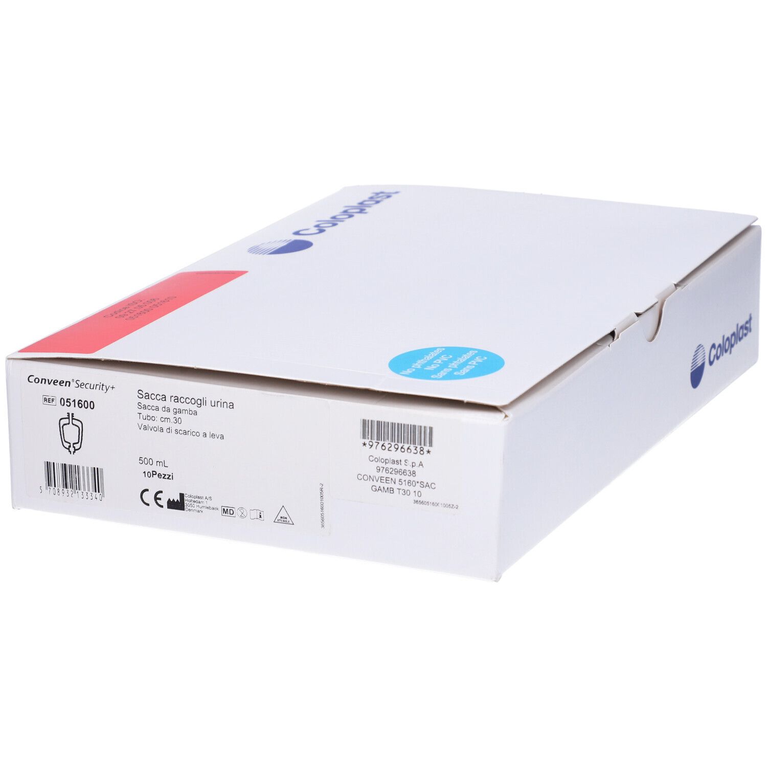 Weiße Box mit Produktinformationen. Coloplast-Logo. Text: Conveen Security, Sacca raccogli urina.
