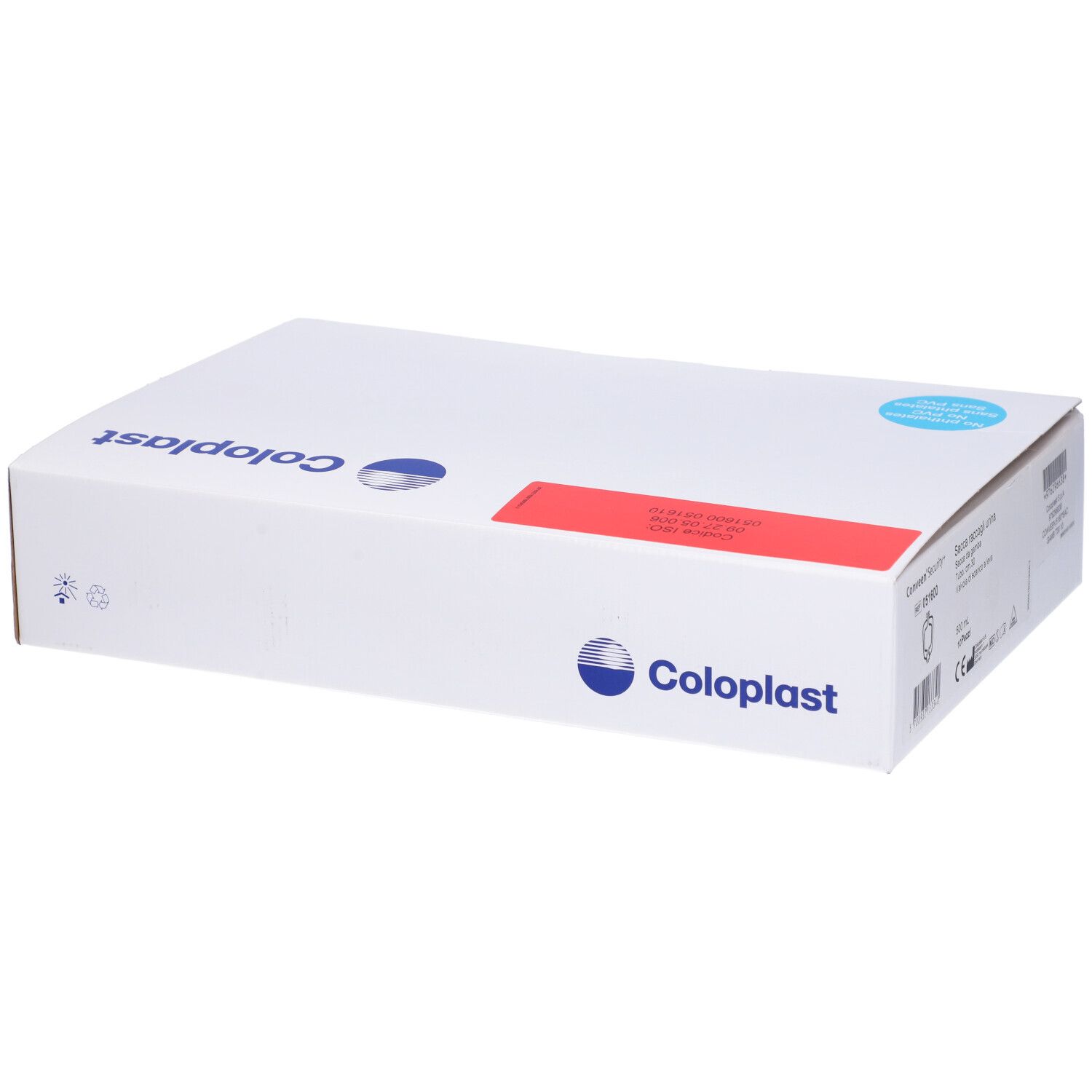 Weiße Coloplast-Box. Blaues Logo. Roter Streifen. Deckel geschlossen.