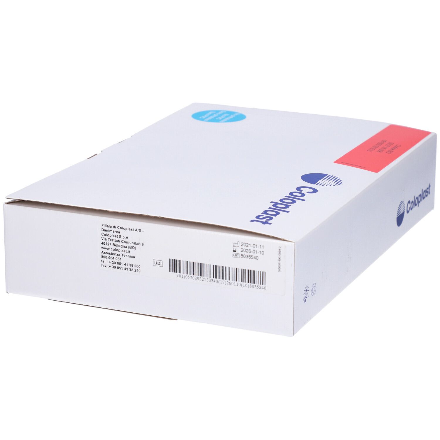 Weiße Box mit Produktinformationen. Coloplast-Logo. Barcode und Text.