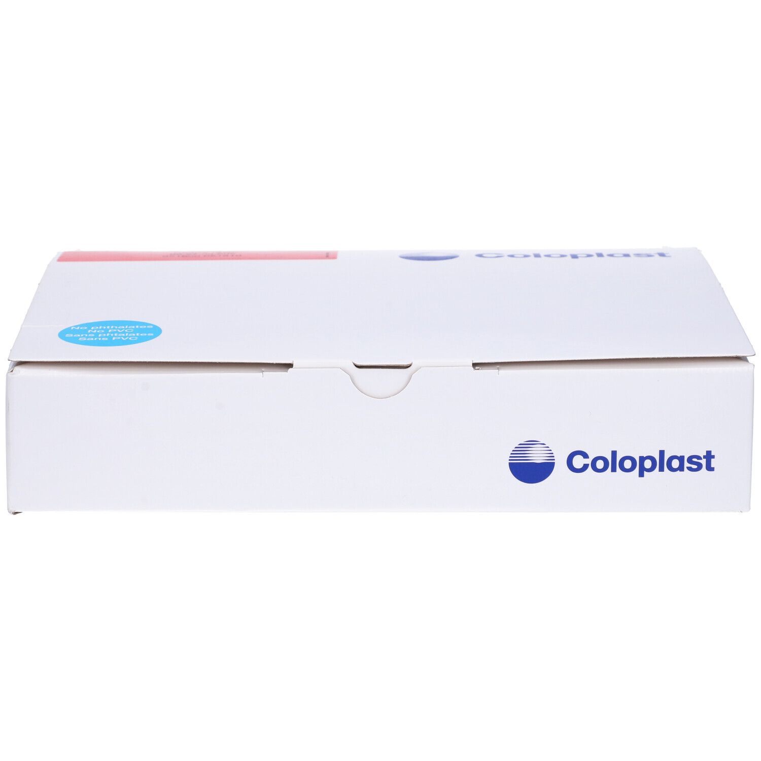 Weiße Coloplast-Box. Blaues Logo. Roter Streifen. Deckel geschlossen.