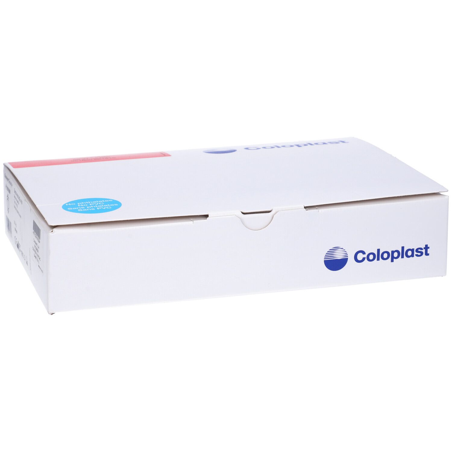 Weiße Coloplast-Box. Blaues Logo. Roter Streifen. Deckel geschlossen.